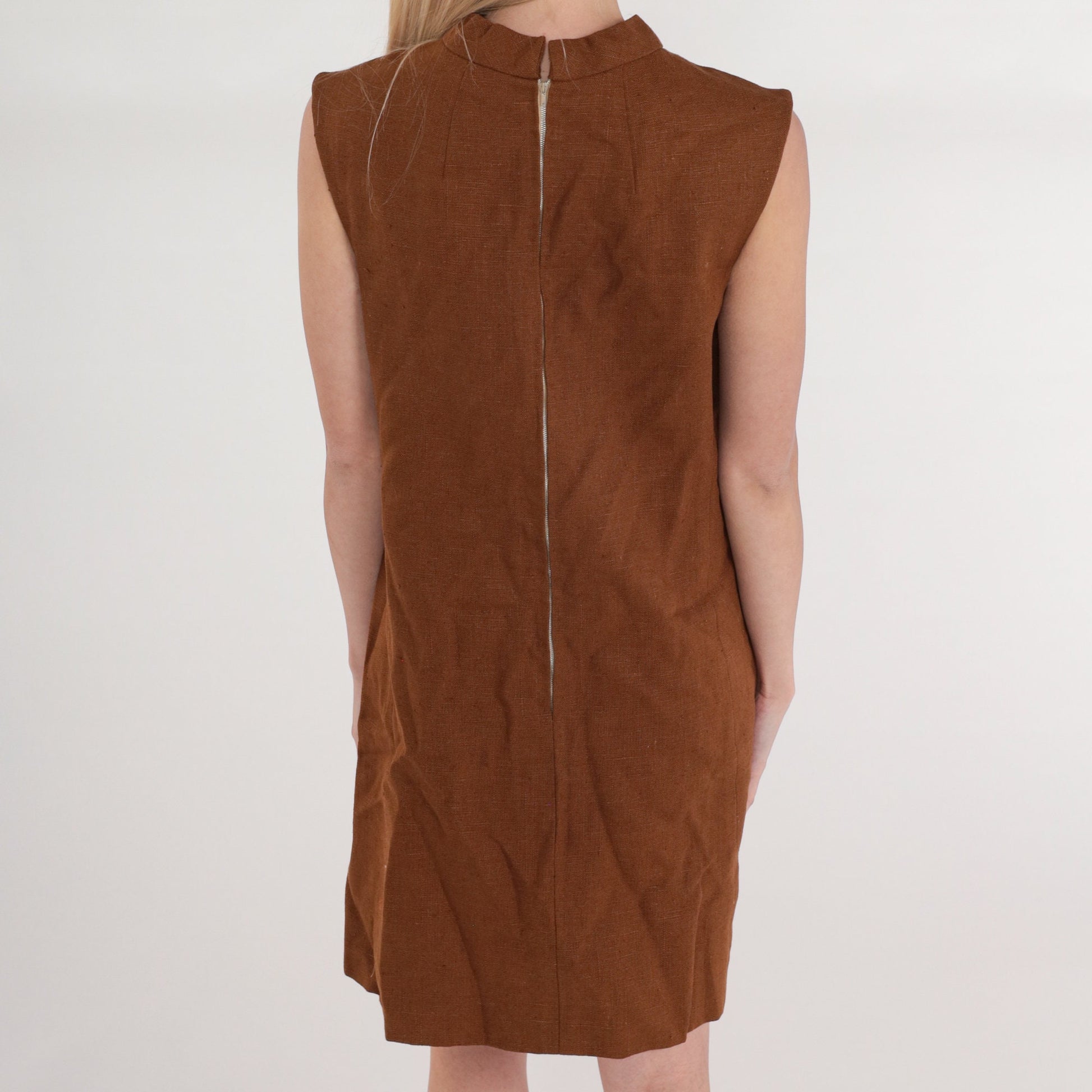 60s Brown Linen Shift Dress Mock Neck Mini Sleeveless Pockets Small