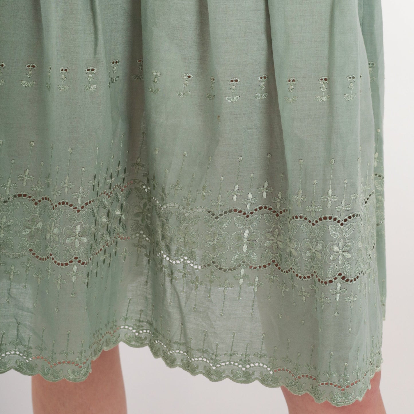 Y2K Green Floral Embroidered Mini Dress Puff Sleeve Criss Cross Back Small