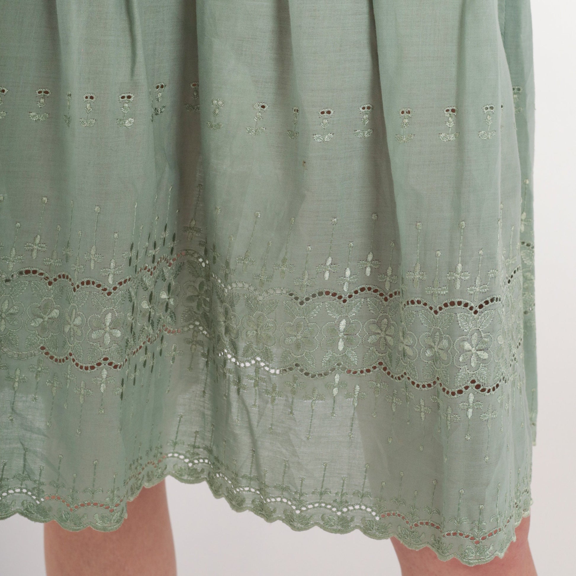 Y2K Green Floral Embroidered Mini Dress Puff Sleeve Criss Cross Back Small
