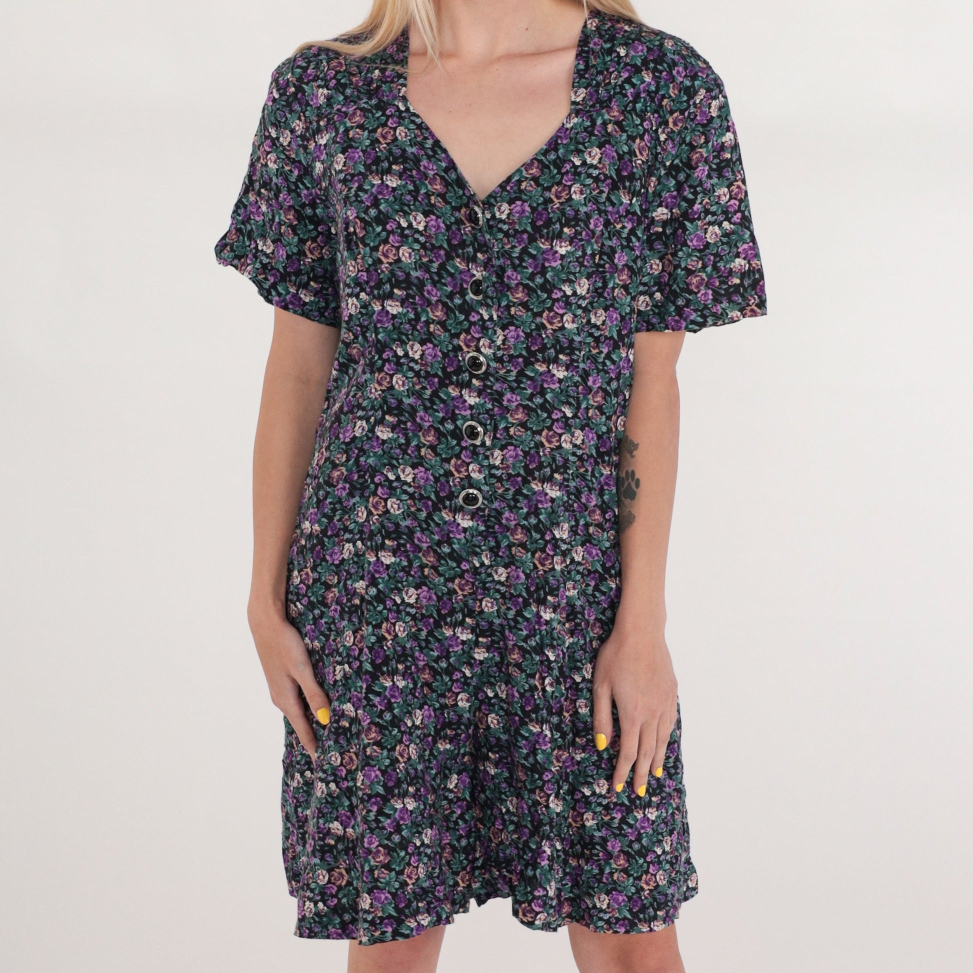 90s Floral Button-Up Romper Wide Leg Shorts Black Purple Medium M