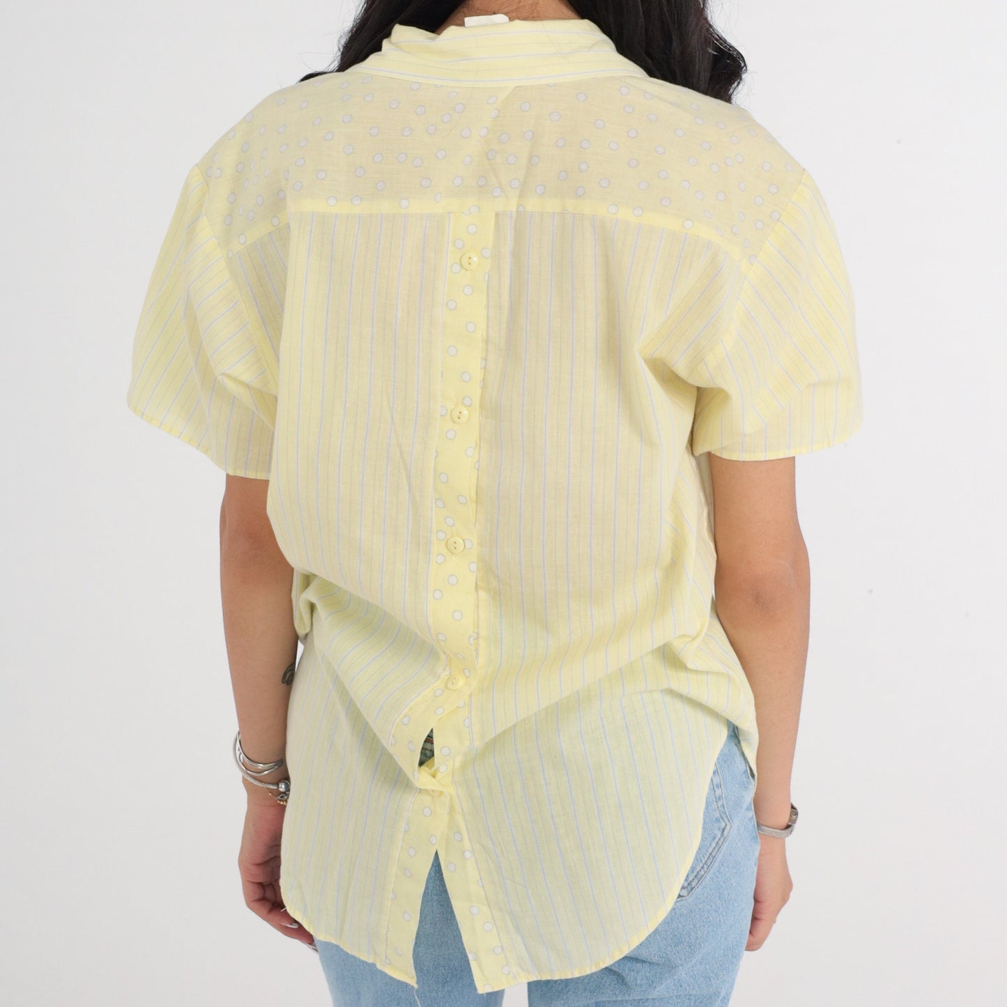 80s Yellow Striped Dot Print Button-Up Blouse Short Sleeve Medium