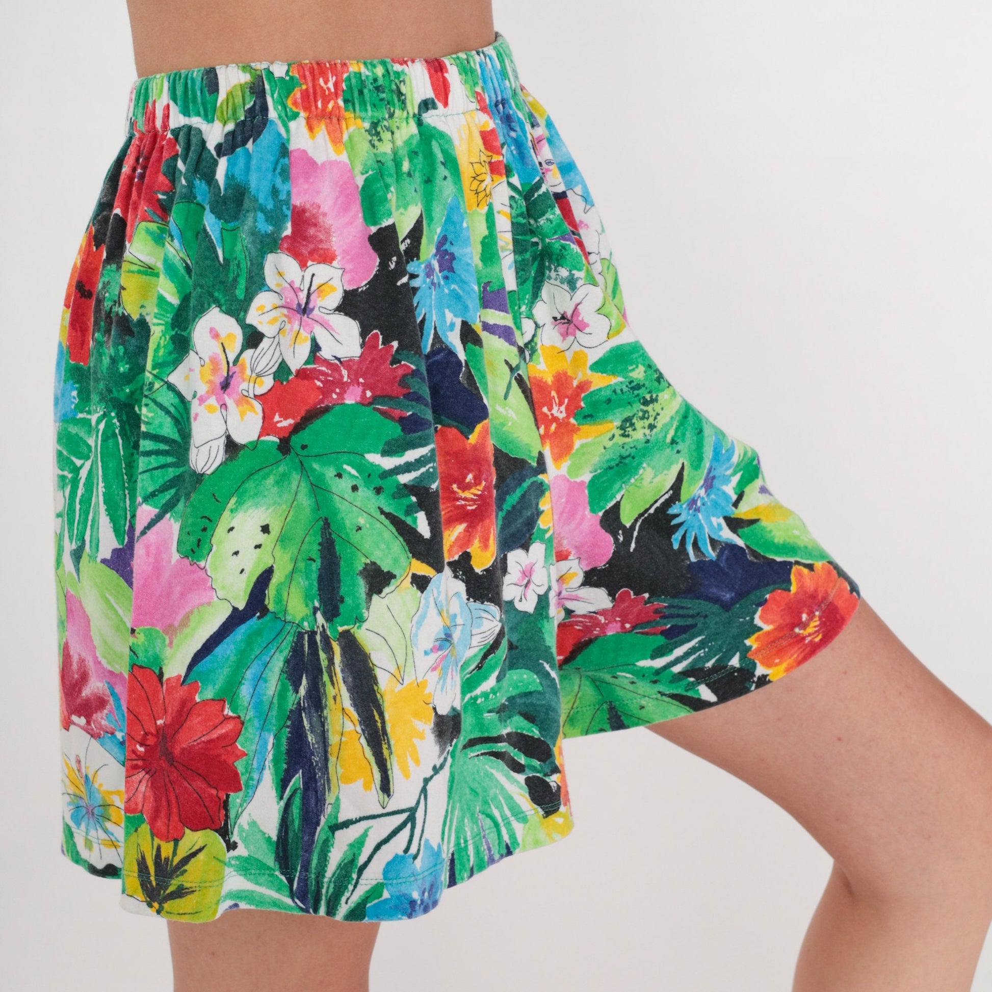 90s Tropical Floral Leaf Print Shorts High Waist Elastic Small Medium