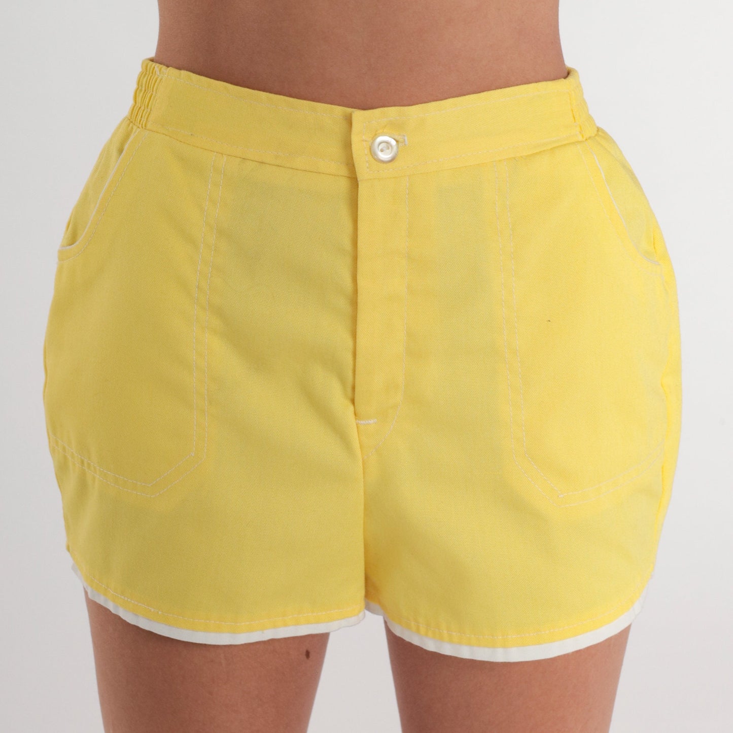 80s Yellow High-Waisted Shorts White Ringer Trim Cotton XS