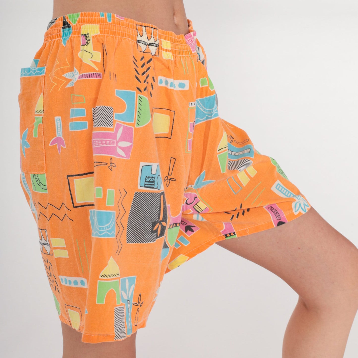 90s Orange Tropical Elephant Print High-Waist Shorts Wide Leg Cotton Medium
