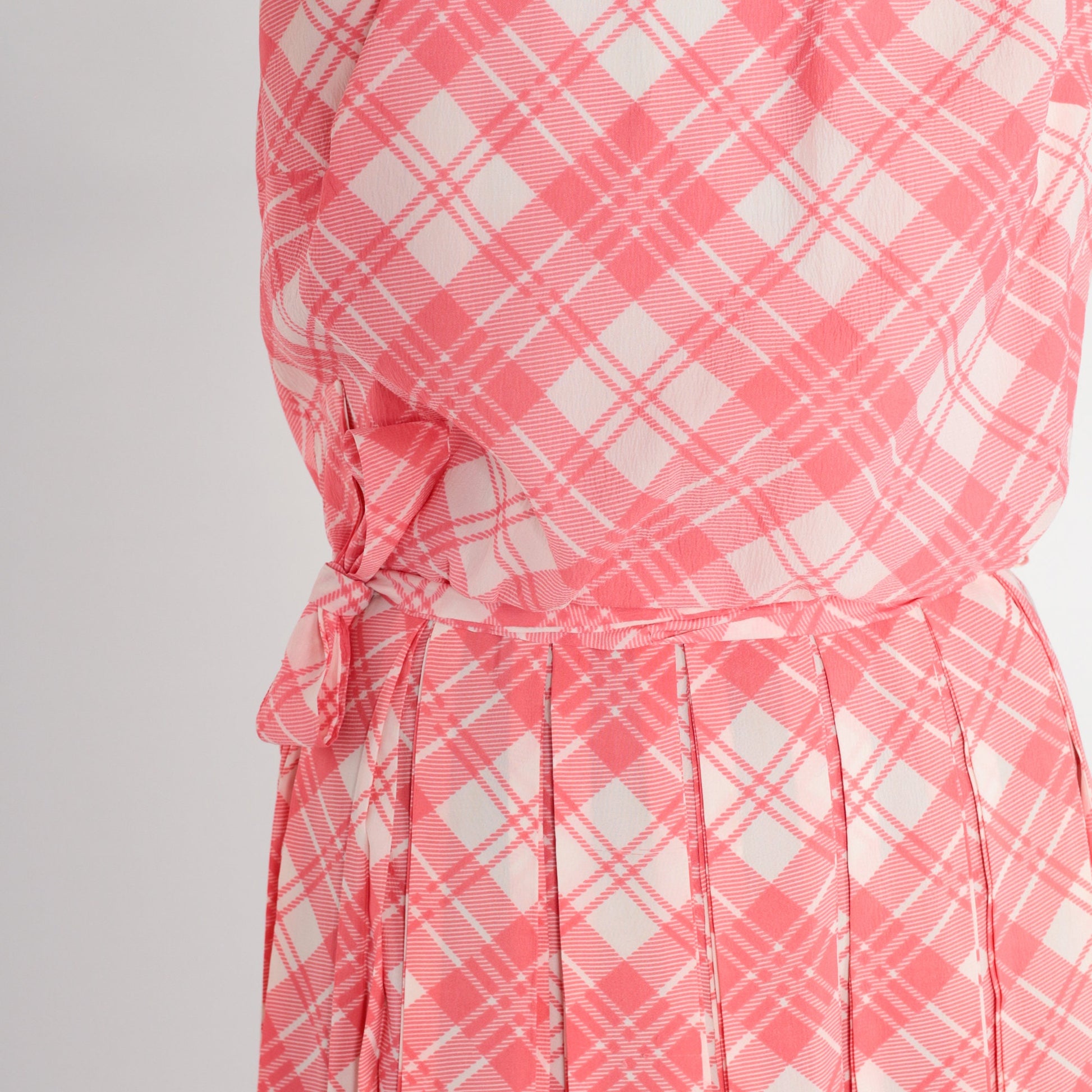 60s Pink Plaid Mini Dress Sleeveless High Waist Pleated Sundress Extra Small
