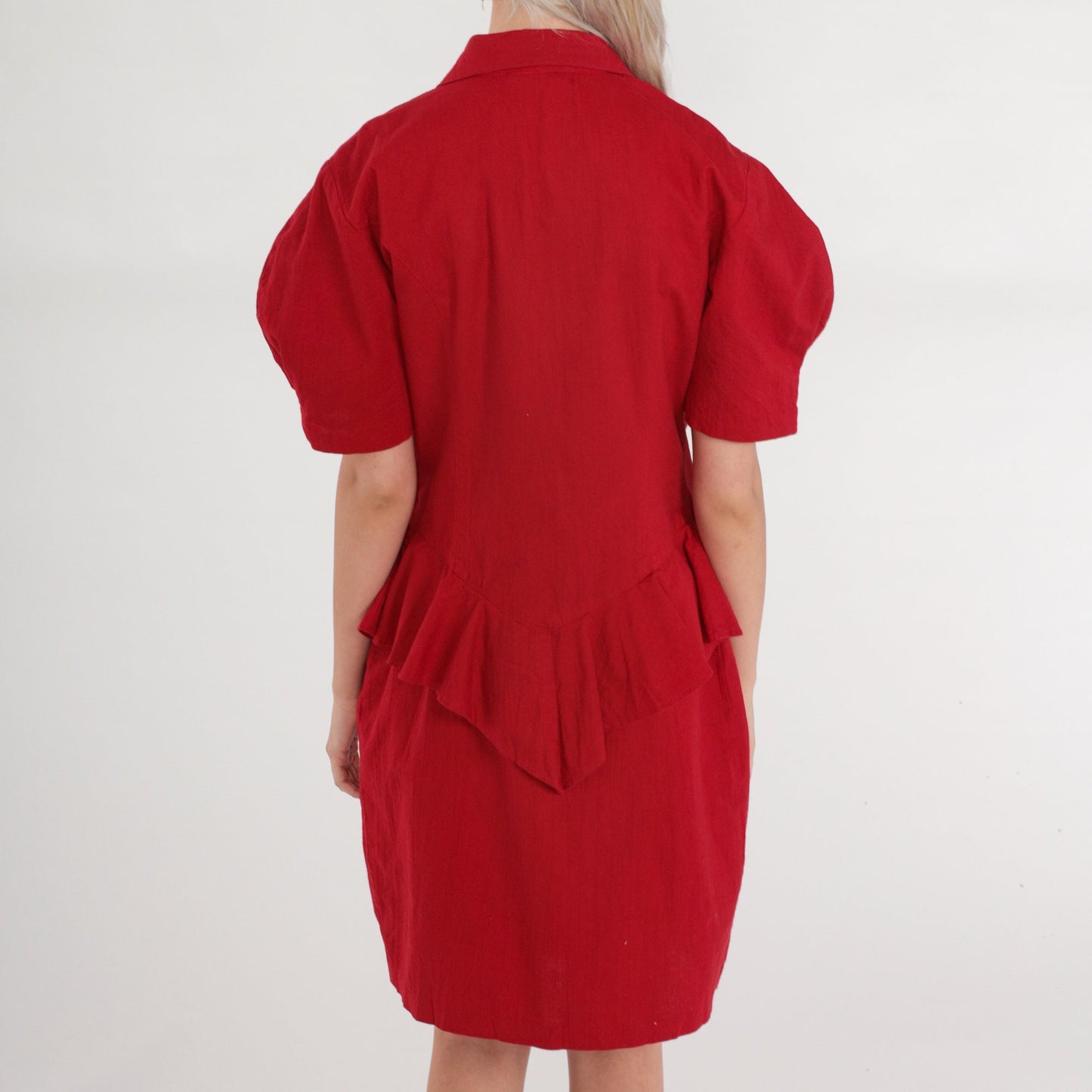 80s Red Double Breasted Mini Dress Puff Sleeve Peplum Collar Small S