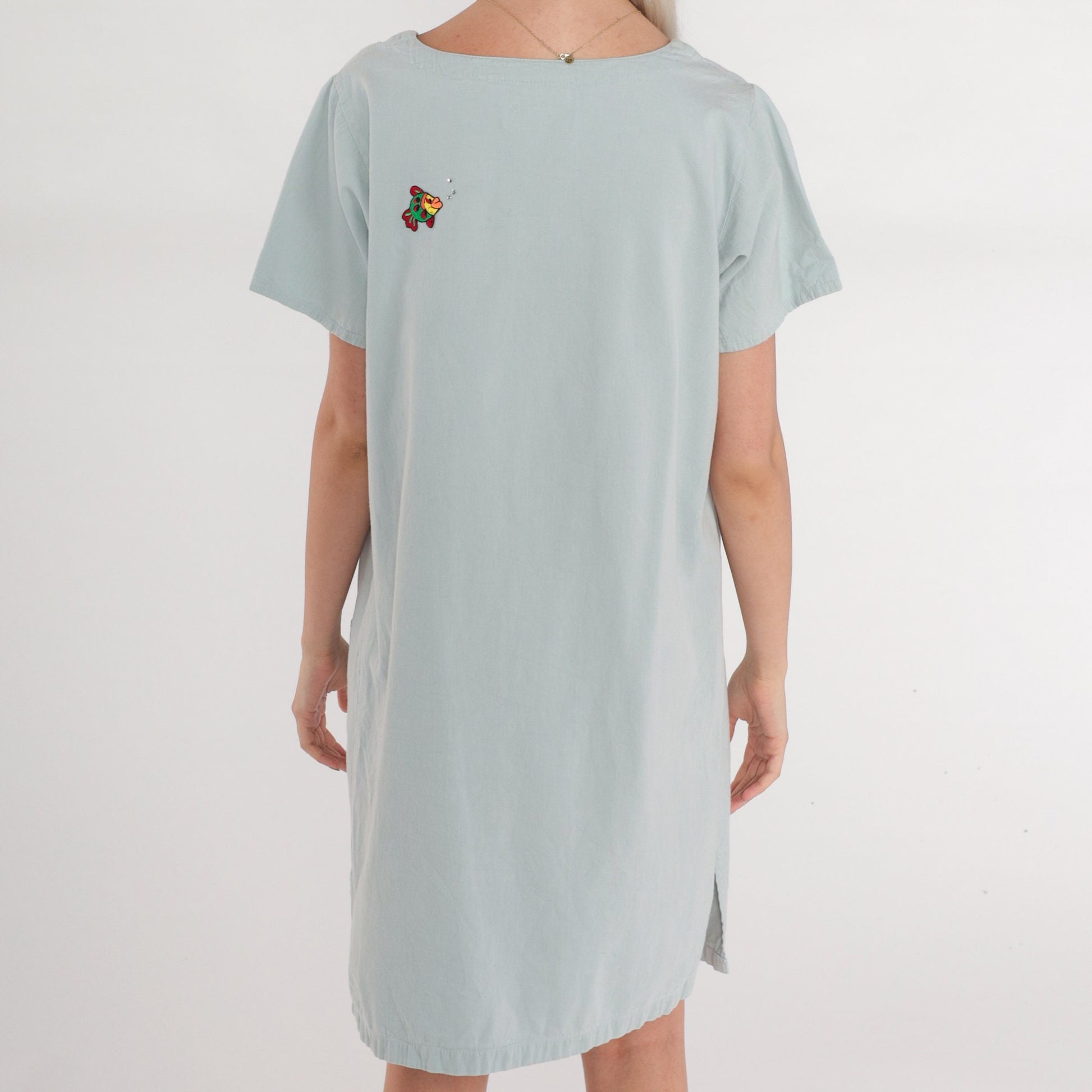 90s Tropical Fish Rhinestone Mini T-Shirt Dress Scoop Neck Pockets Medium M