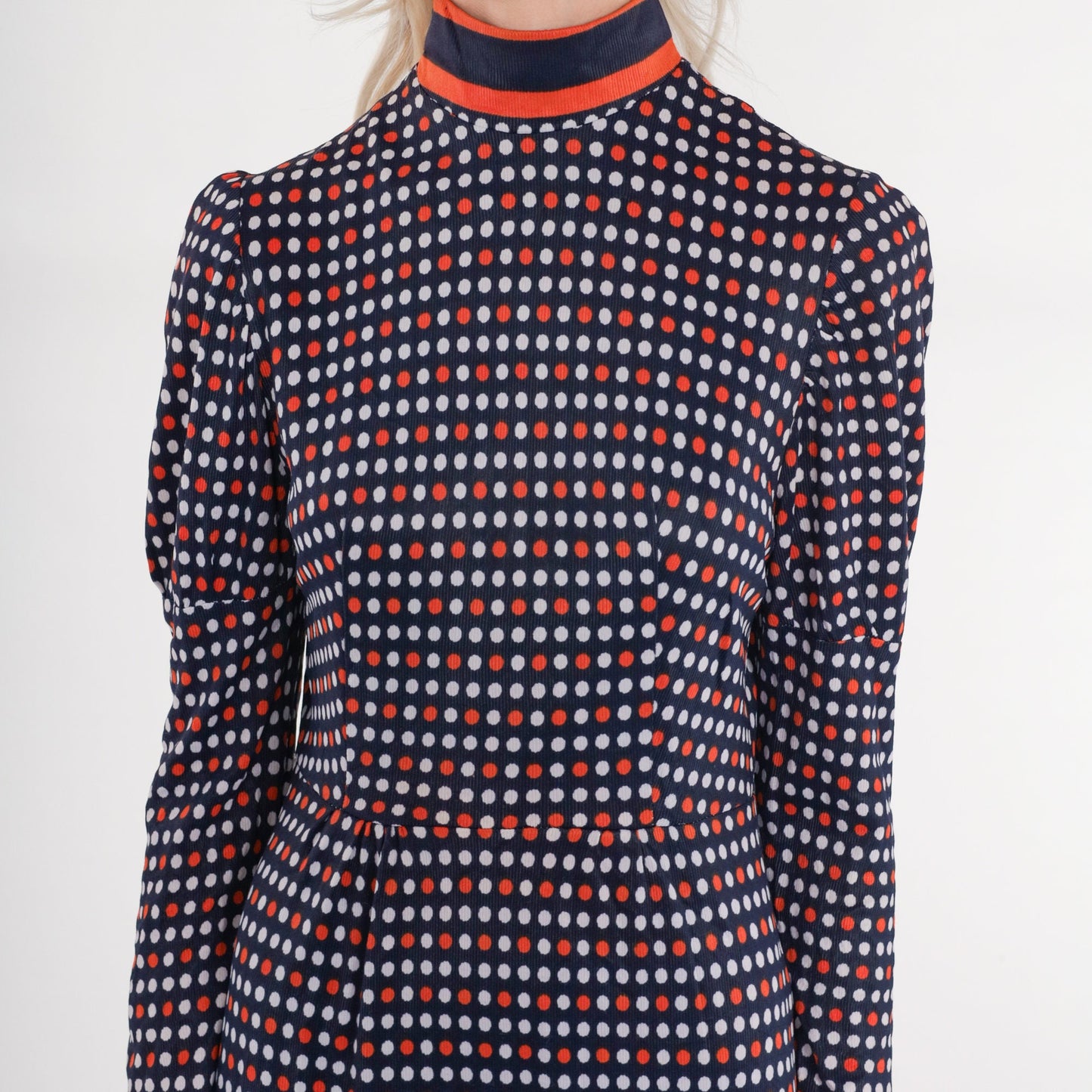 1960s Mod Polka Dot Dress Navy Blue Red White Puff Sleeve Mock Neck Small S