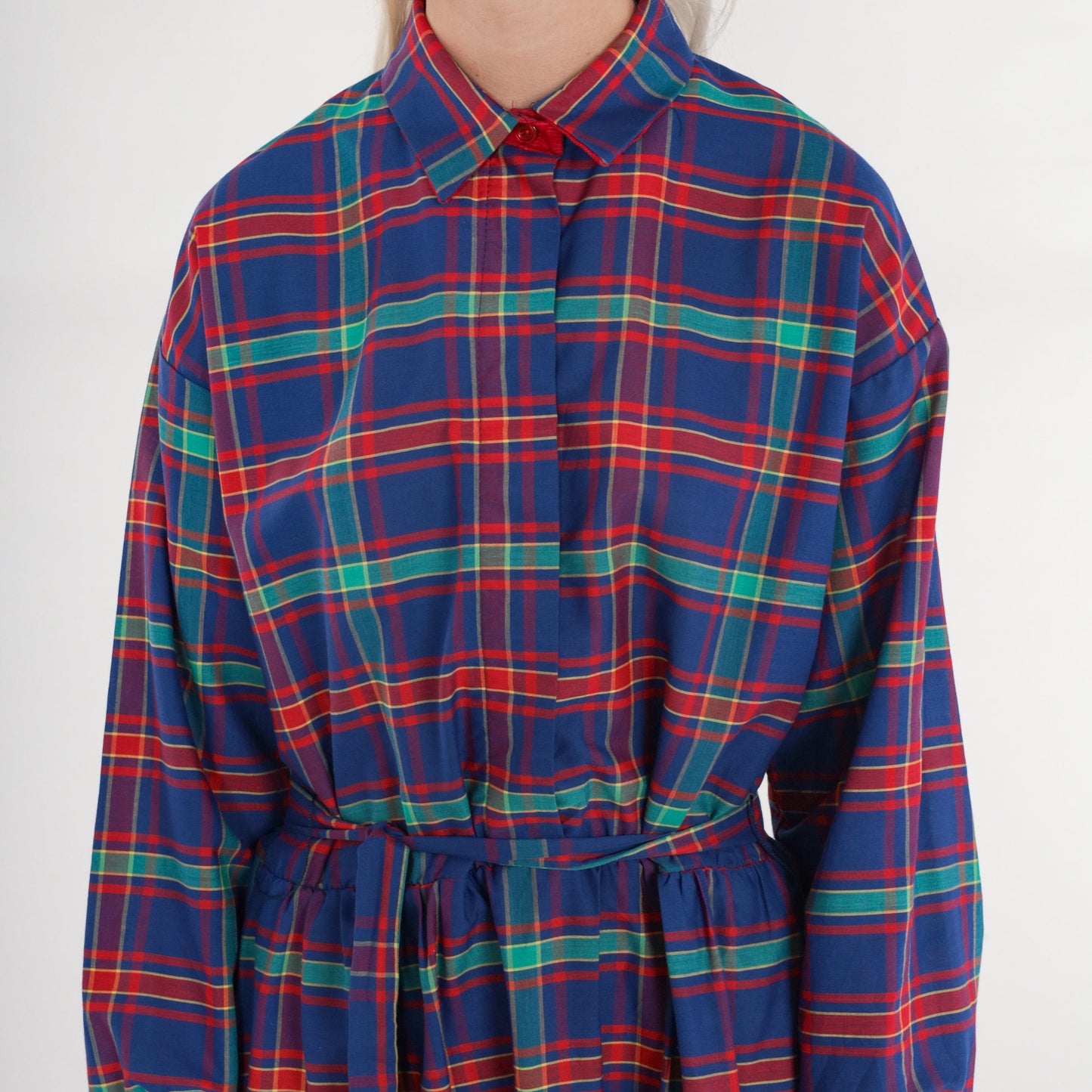 80s Plaid Button-Up Midi Dress High Waist Collared Shirtdress Blue Red Green Medium
