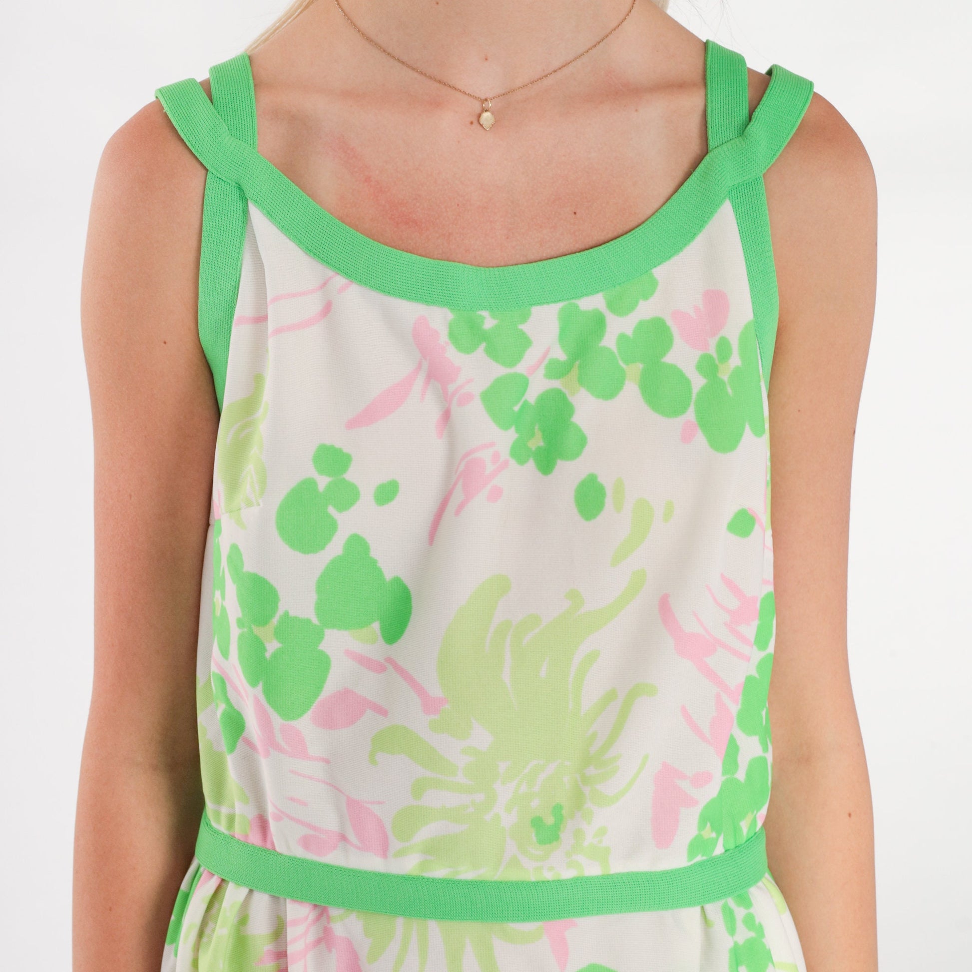 70s Floral Mini Dress White Green Pink Sleeveless High Waist Small