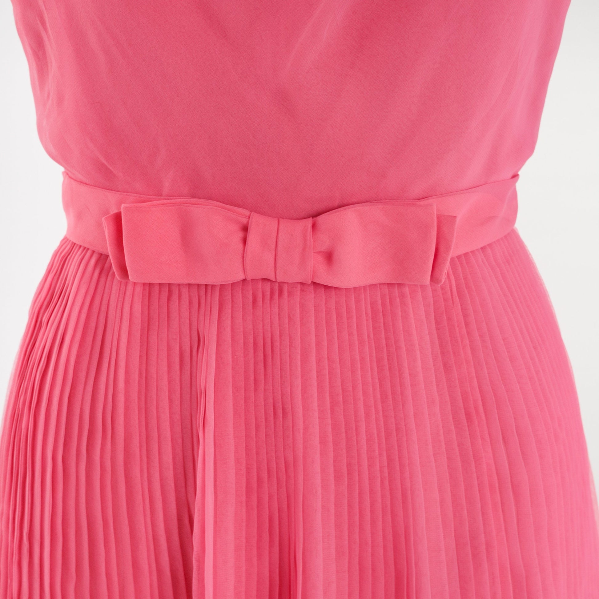 70s Eddie Nober Pink Chiffon Mini Dress Cowl Neck Bow Belt XS
