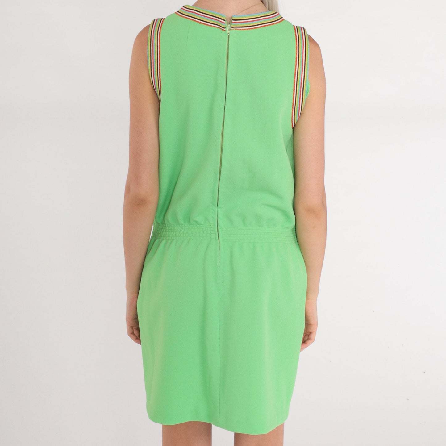 70s Lime Green Striped Ringer Mini Dress Sleeveless V-Neck Small