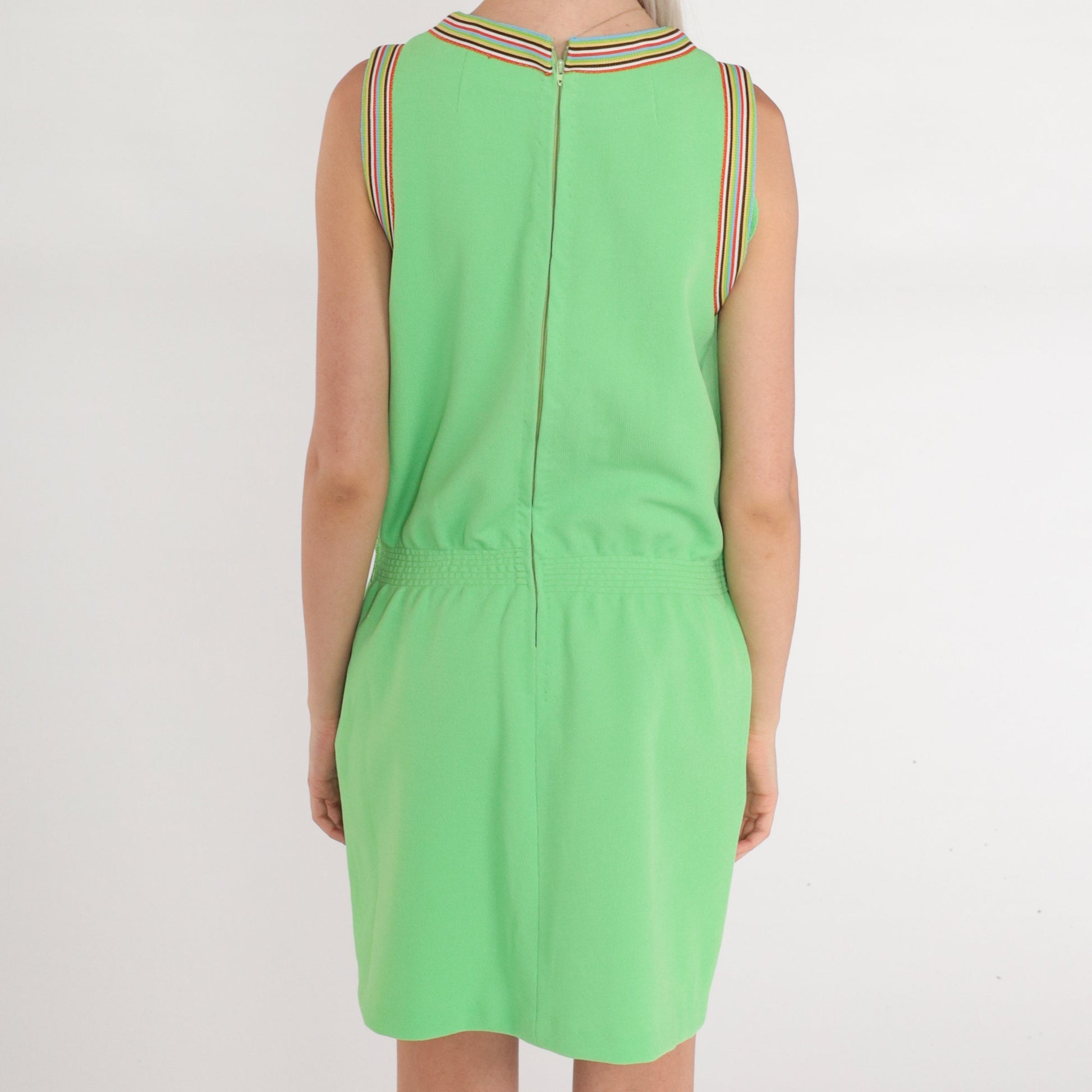70s Lime Green Striped Ringer Mini Dress Sleeveless V-Neck Small