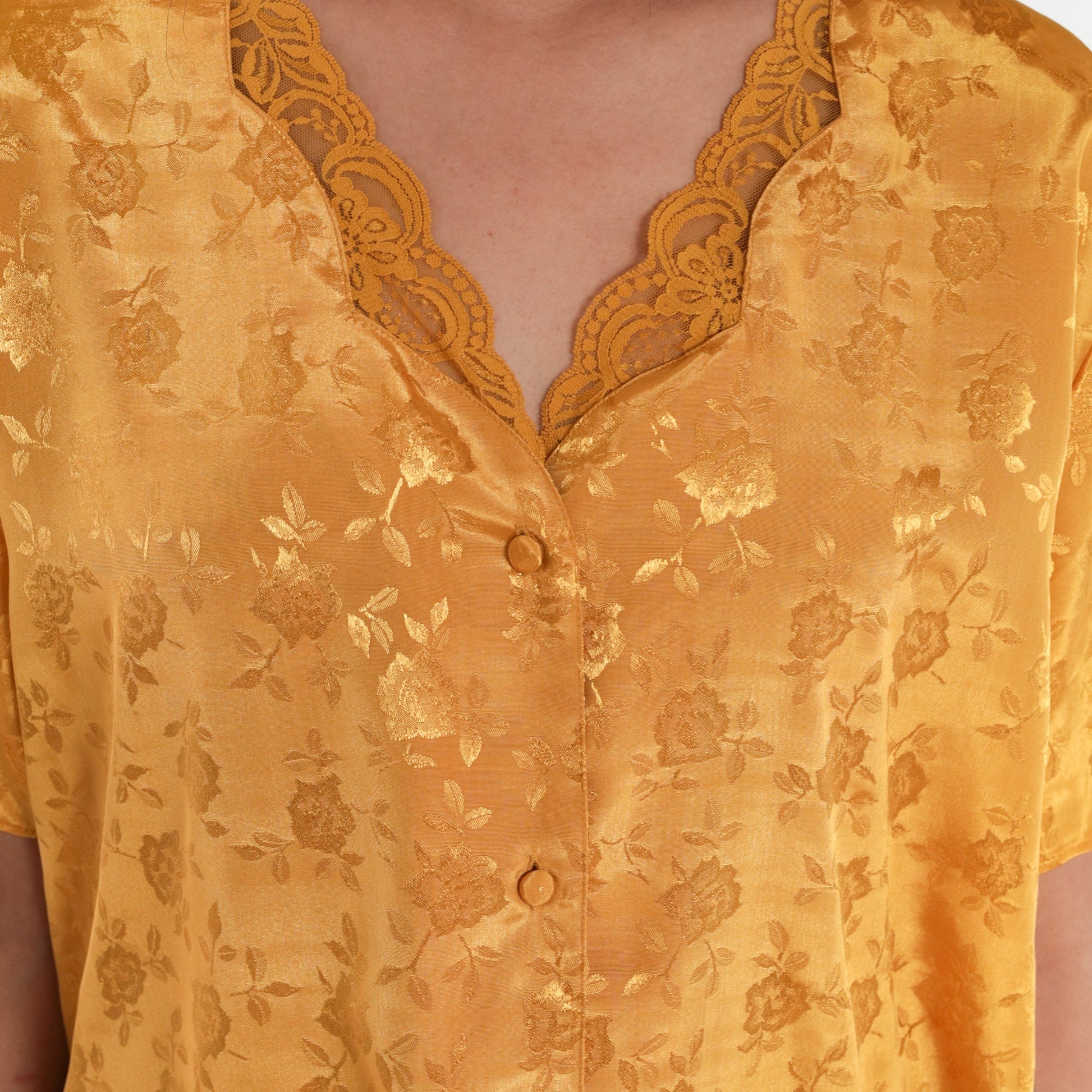90s Yellow Satin Nightgown Floral Embossed Mini Lace Trim Button-Up Large