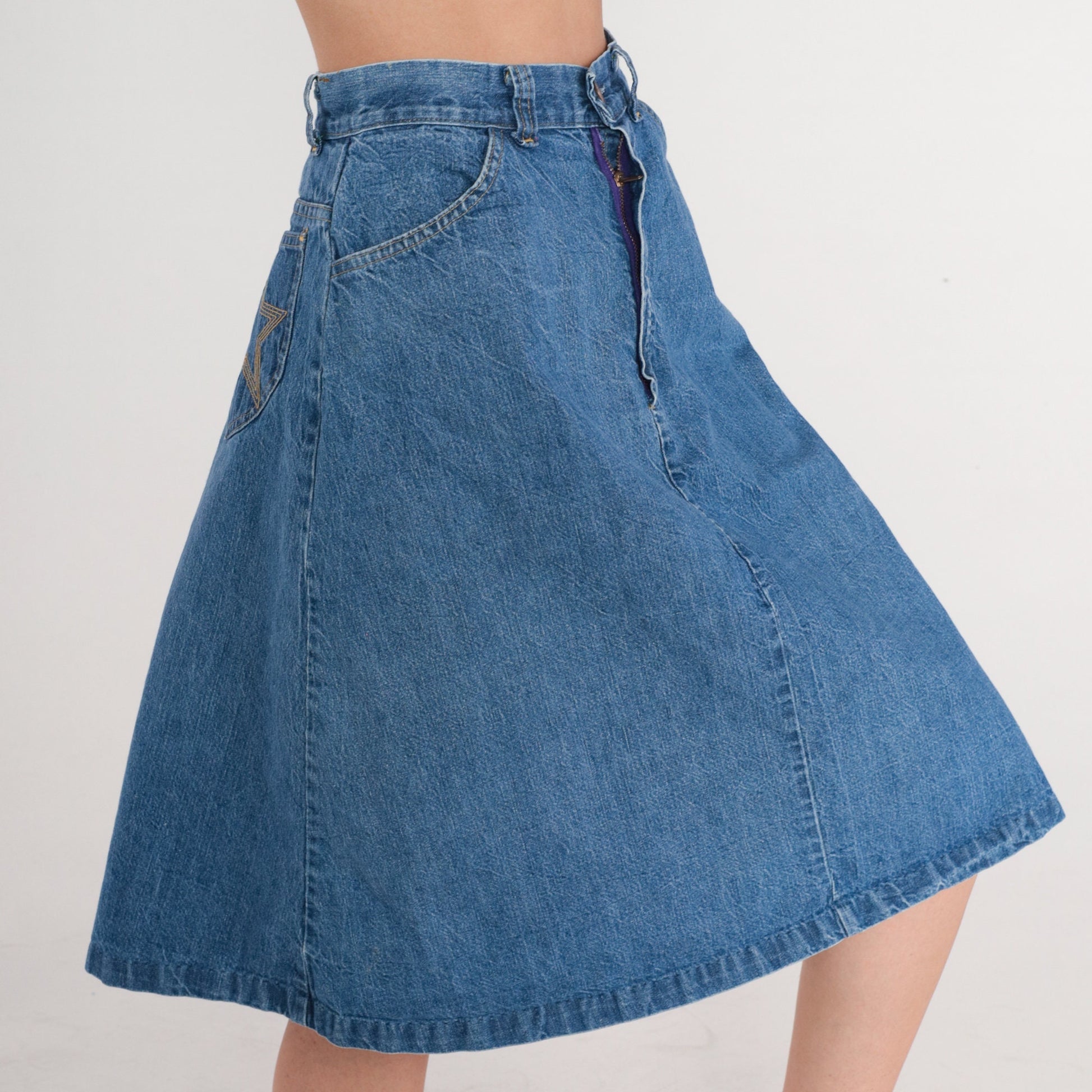 80s Blue Denim Midi Skirt A-Line High Waist Star Pocket Small