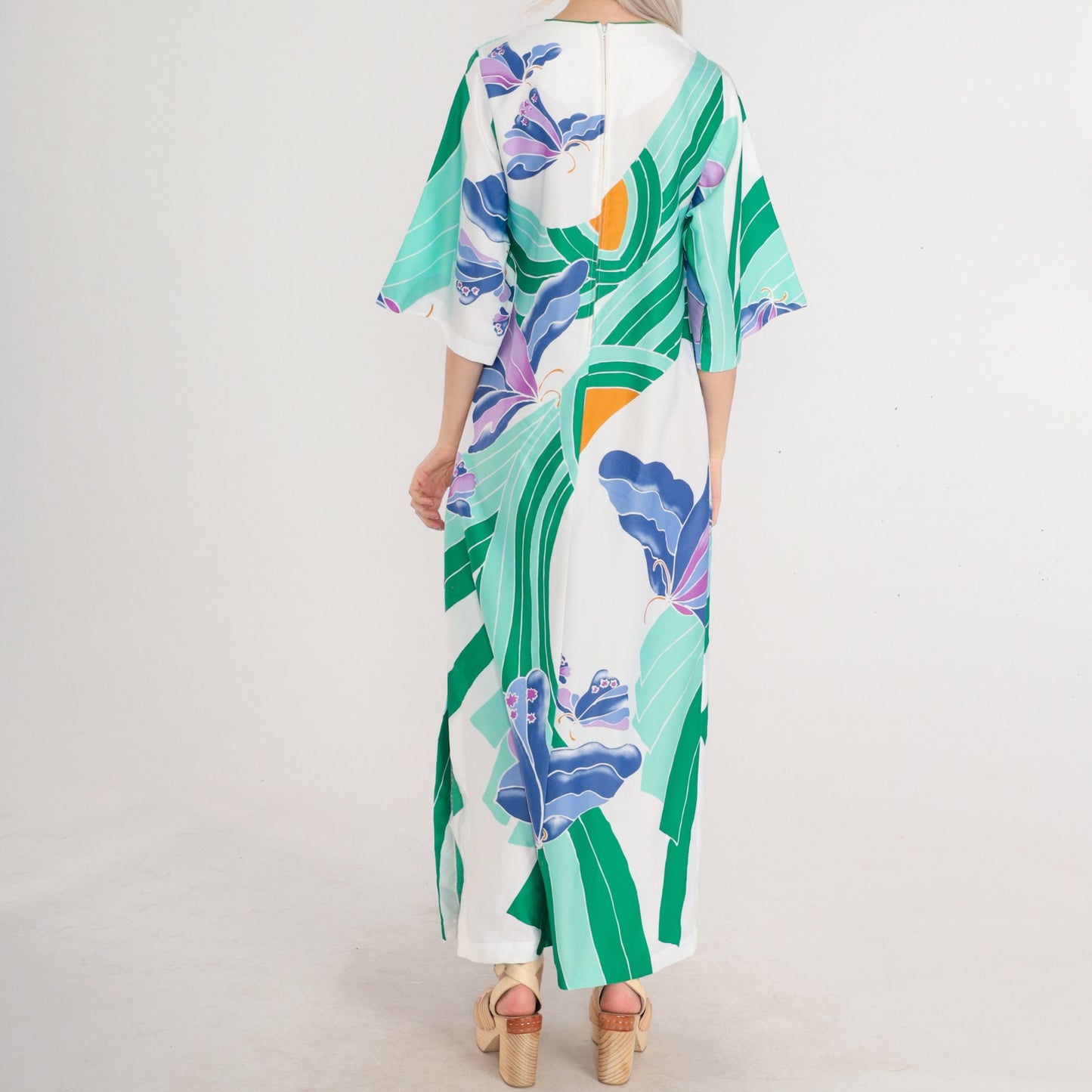70s Butterfly Maxi Dress White Green Purple Psychedelic Print Button Front XS