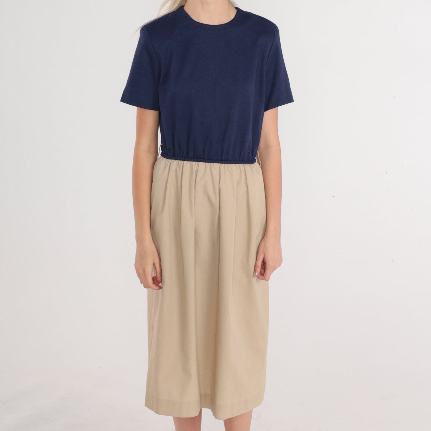 80s Colorblock Midi Dress Navy Tan High Waist Short Sleeve Medium