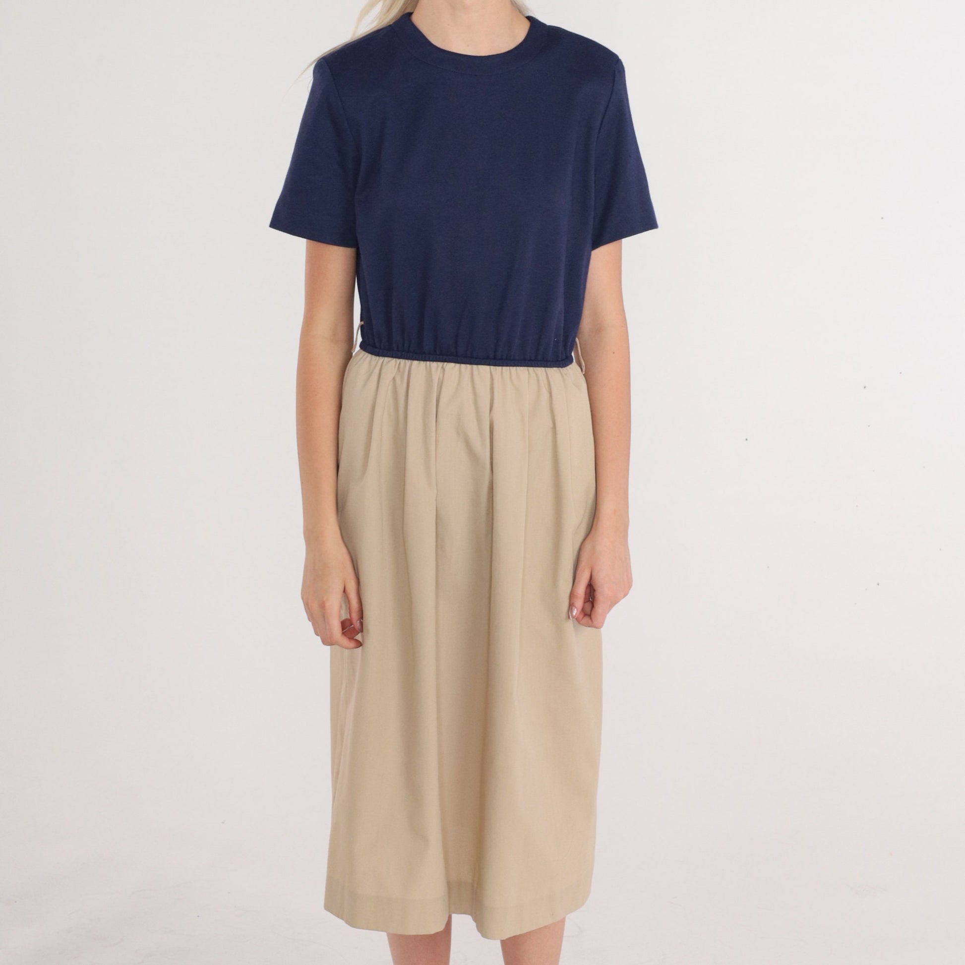80s Colorblock Midi Dress Navy Tan High Waist Short Sleeve Medium