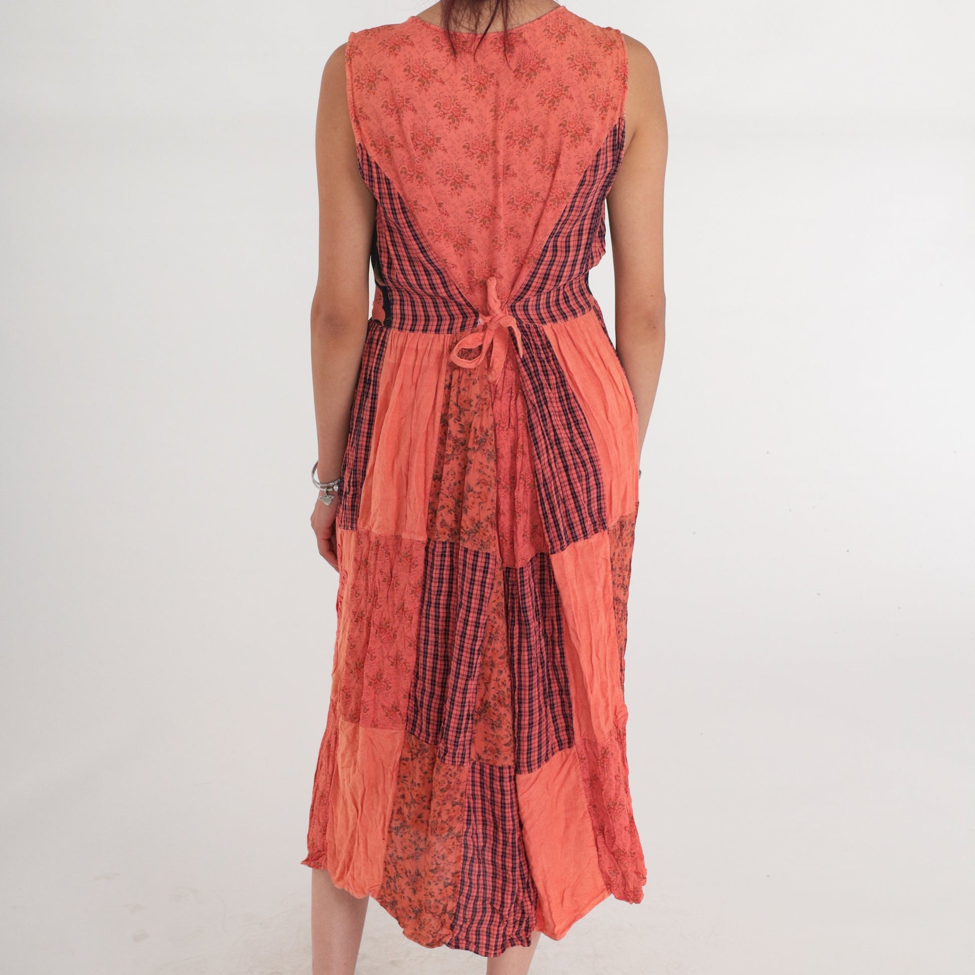 90s Indian Embroidered Patchwork Midi Dress Floral Plaid Rayon Sleeveless Medium