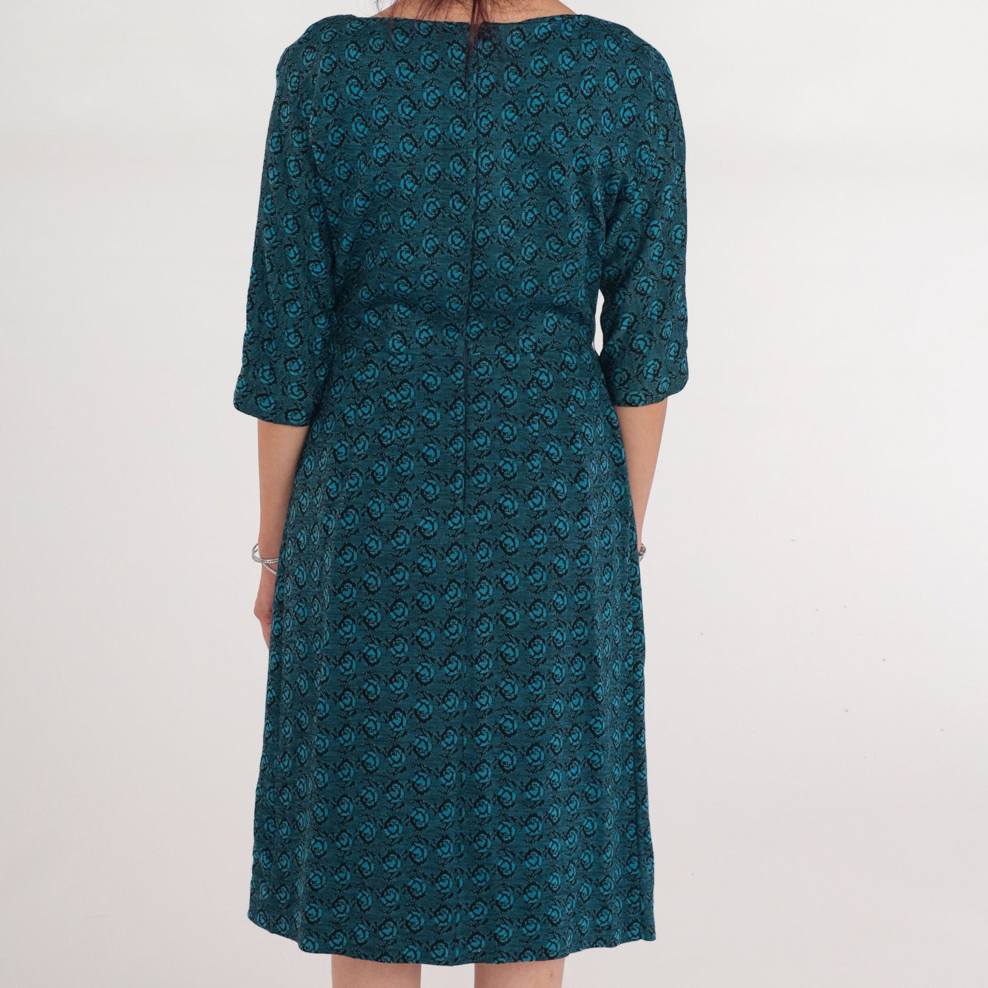 60s Blue Floral Rose Print Wool Blend Midi Dress High Waisted Small
