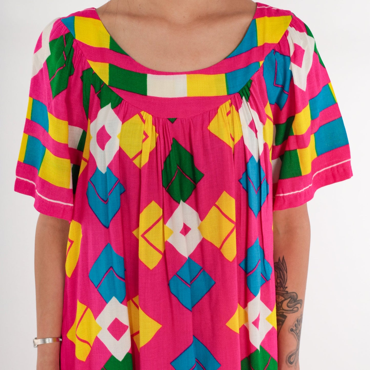 70s Pink Geometric Diamond Print Mini Dress Tent Cut Short Sleeve Large