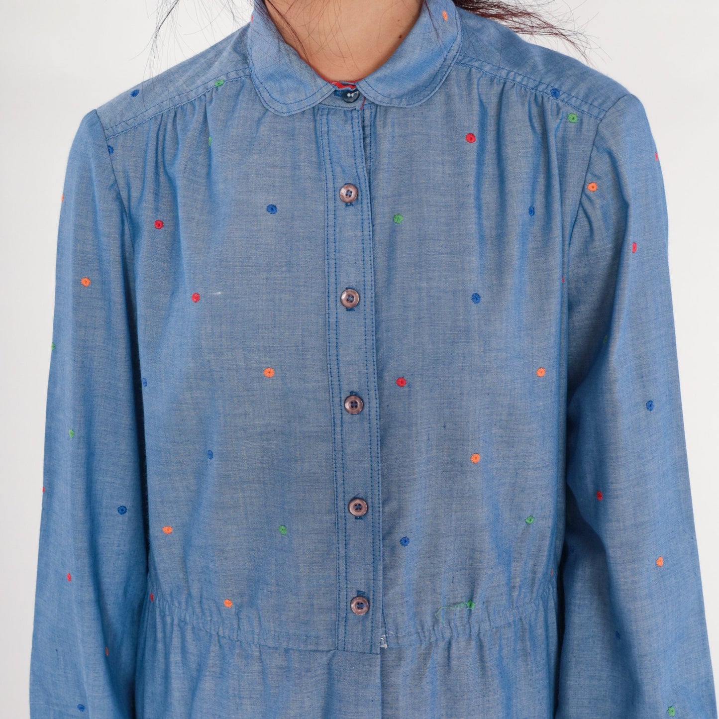 70s Blue Chambray Polka Dot Midi Dress Peter Pan Collar High Waisted Medium Large
