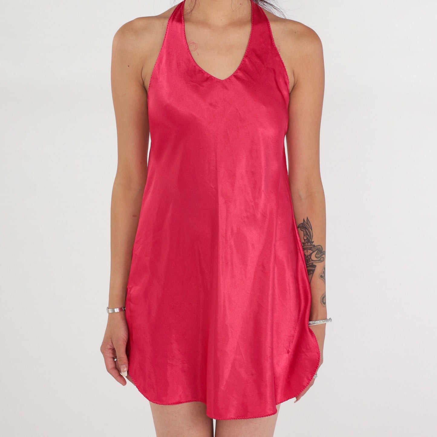 90s Dark Pink Satin Slip Dress Halter Neck Low Back Mini Large L