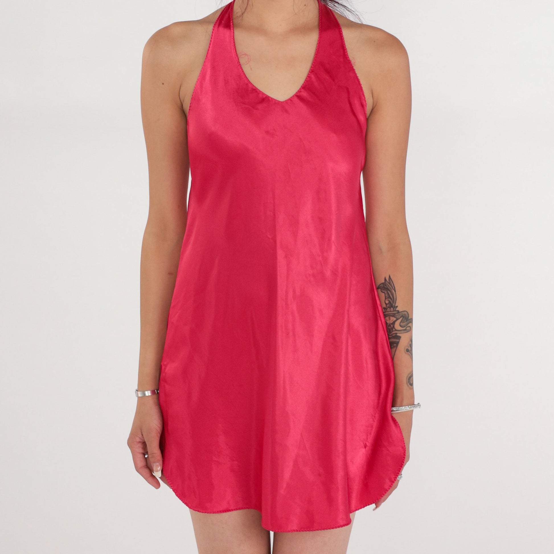 90s Dark Pink Satin Slip Dress Halter Neck Low Back Mini Large L