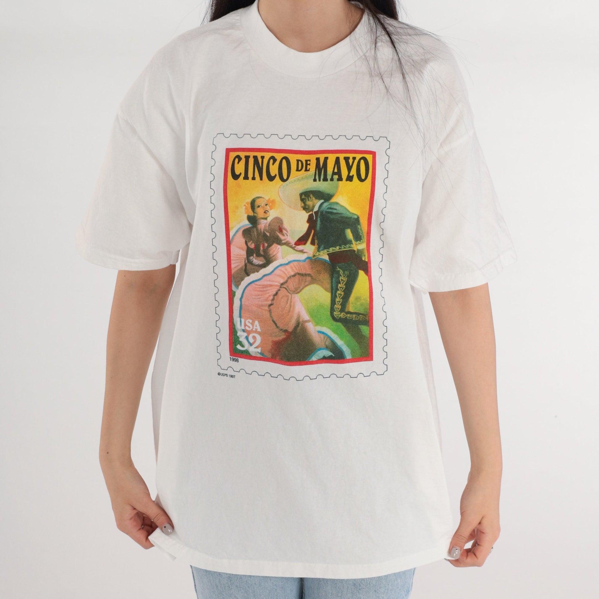 90s USPS Cinco De Mayo Stamp Graphic T-Shirt White Cotton Tee Extra Large XL