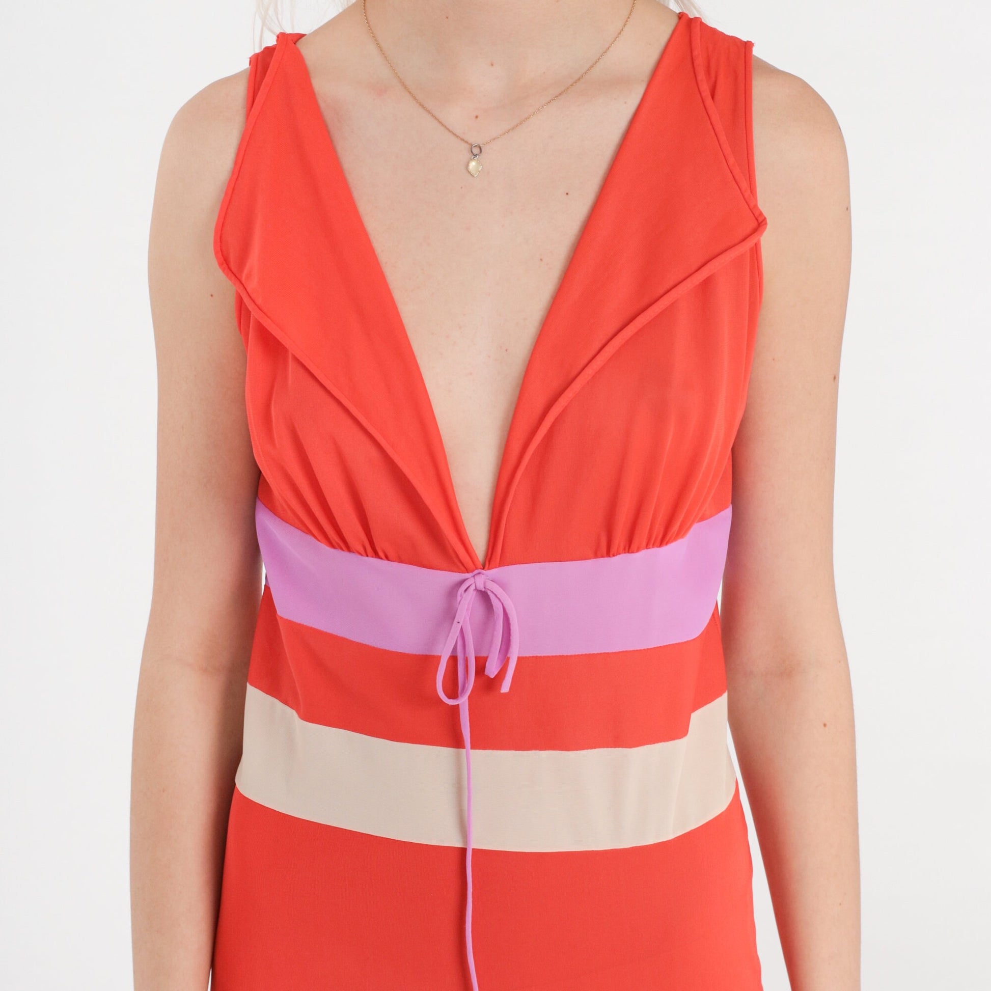 70s Orange Nylon Maxi Slip Dress Deep V Neck Empire Waist Nightgown Small