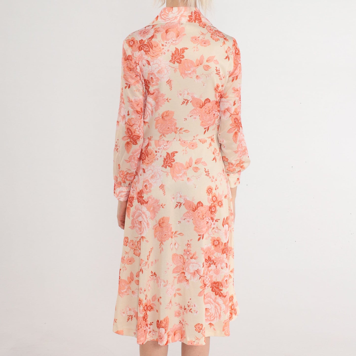 70s Floral Shirtwaist Midi Dress Cream Pink Rose Print Button Up Small