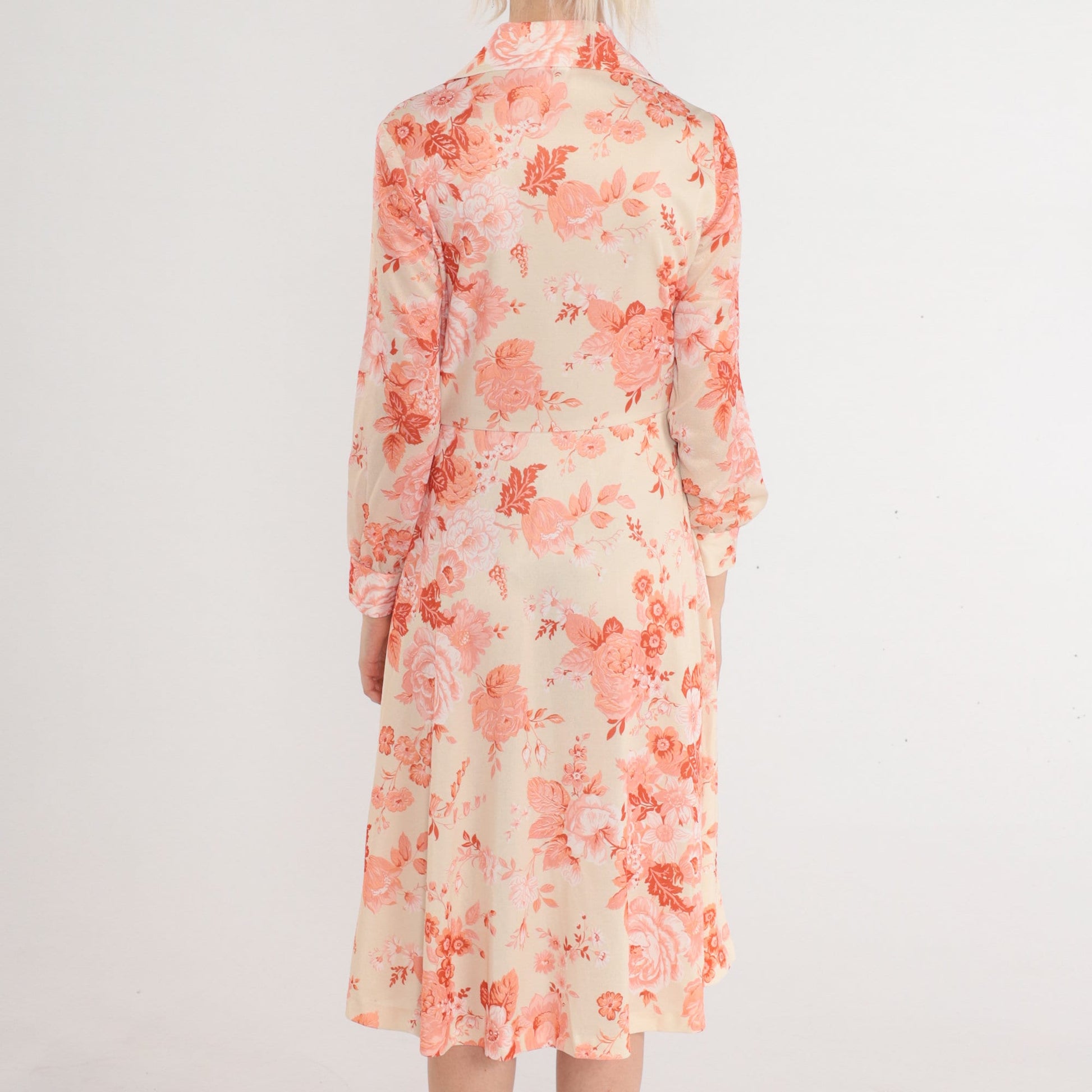 70s Floral Shirtwaist Midi Dress Cream Pink Rose Print Button Up Small