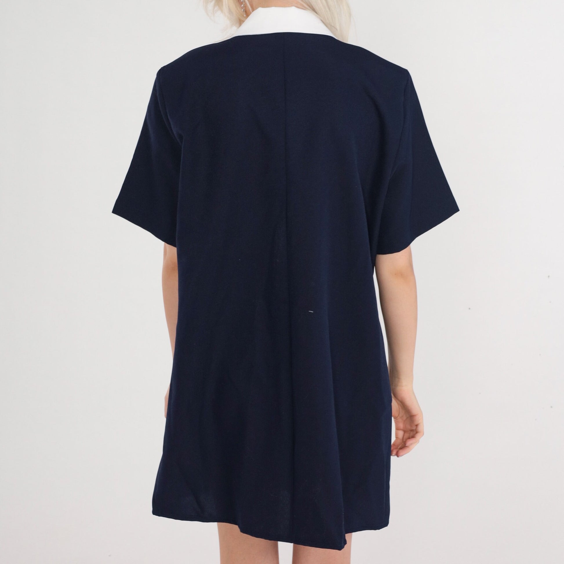 80s Navy Blue Mini Shirtdress Collared Button-Up White Trim Large L