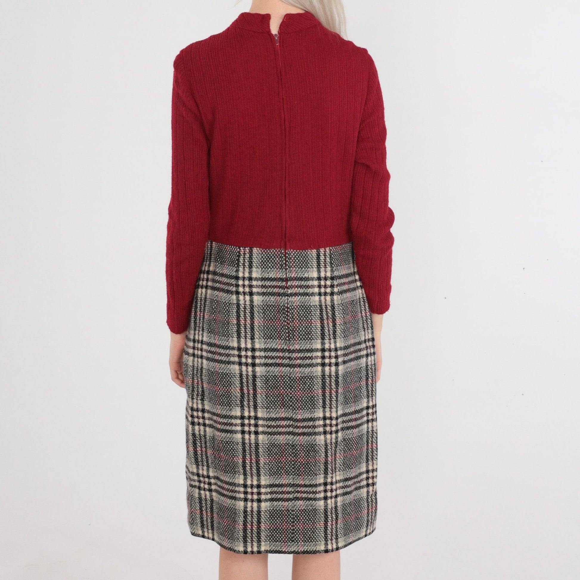 60s Dark Red Plaid Wool Blend Midi Dress Mock Neck Long Sleeve Medium