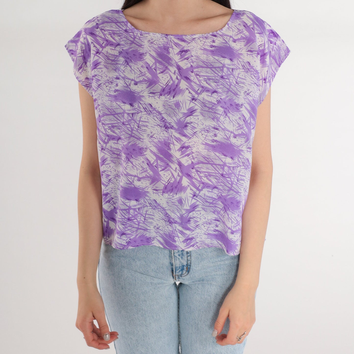 70s Abstract Purple Cream Cap Sleeve Blouse Psychedelic Print Medium