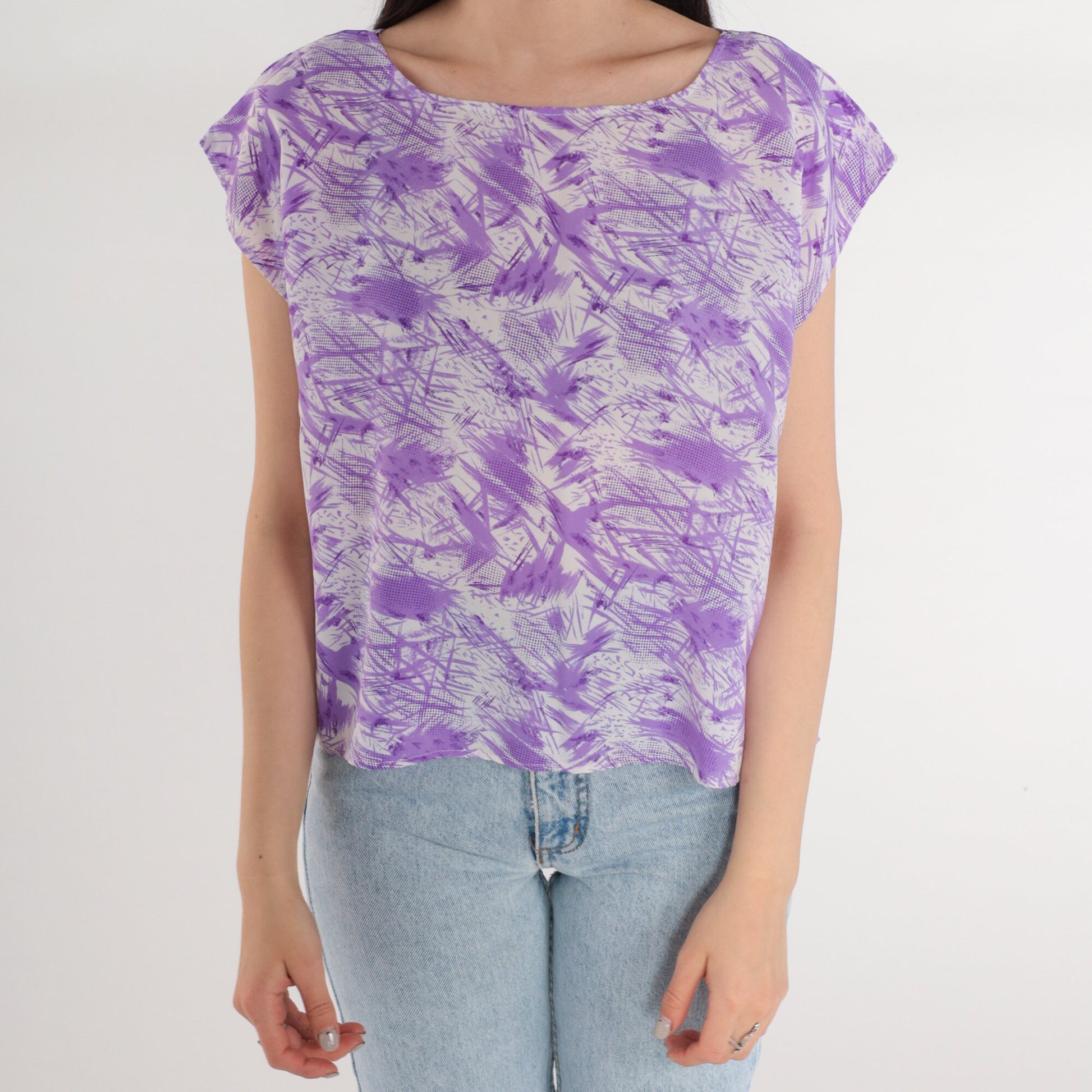 70s Abstract Purple Cream Cap Sleeve Blouse Psychedelic Print Medium