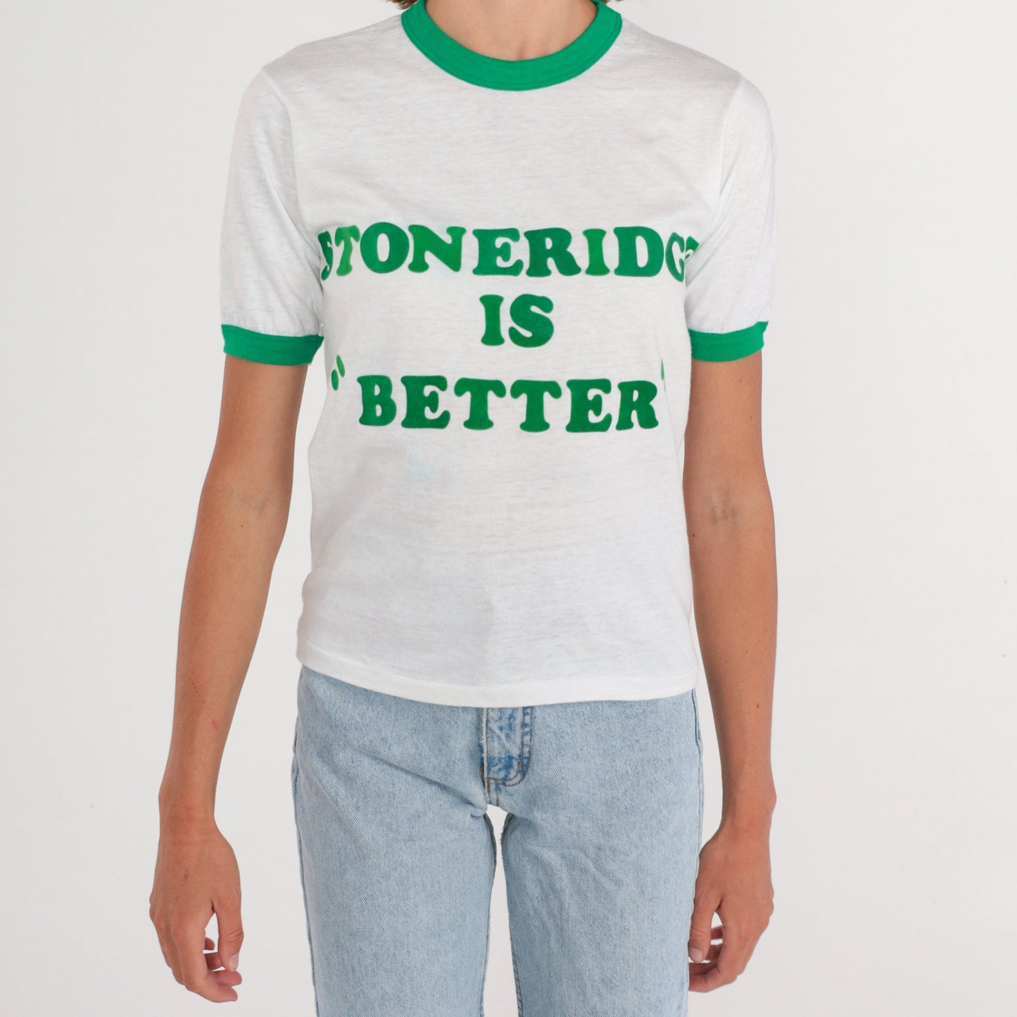 80s Stoneridge is Better Ringer Tee White Green Graphic T-Shirt Extra Small