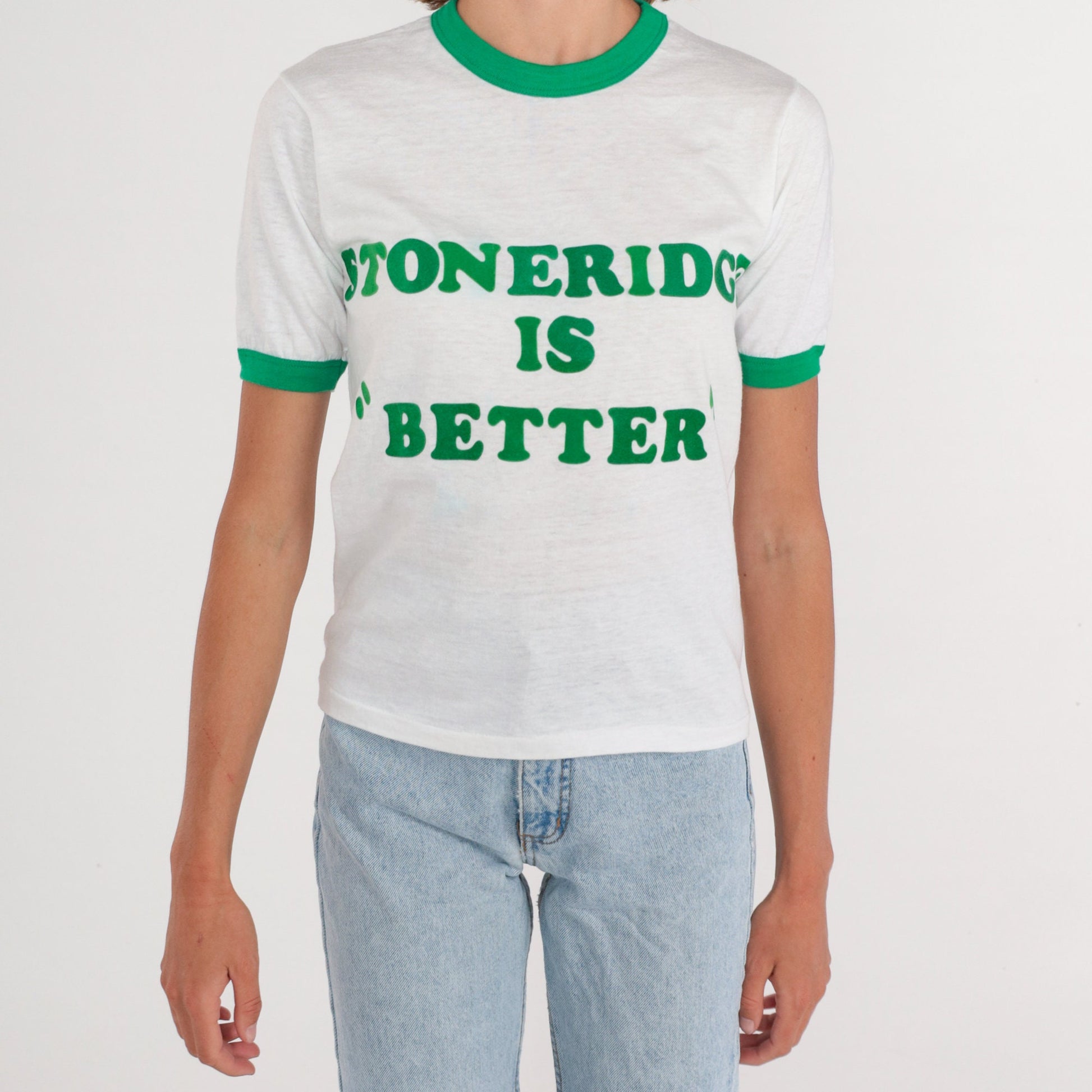 80s Stoneridge is Better Ringer Tee White Green Graphic T-Shirt Extra Small