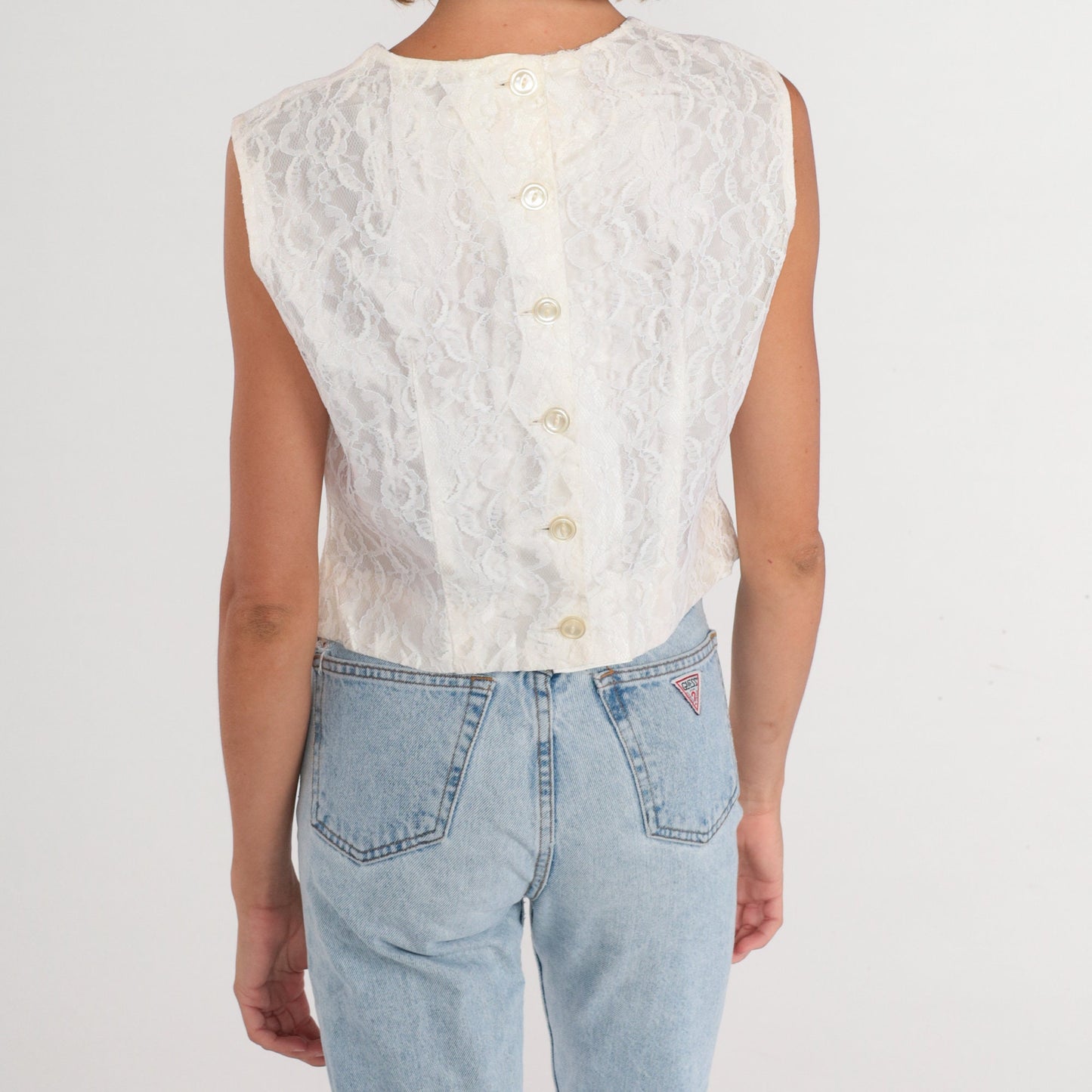 60s White Lace Crop Tank Top Sleeveless Blouse Button Back Medium