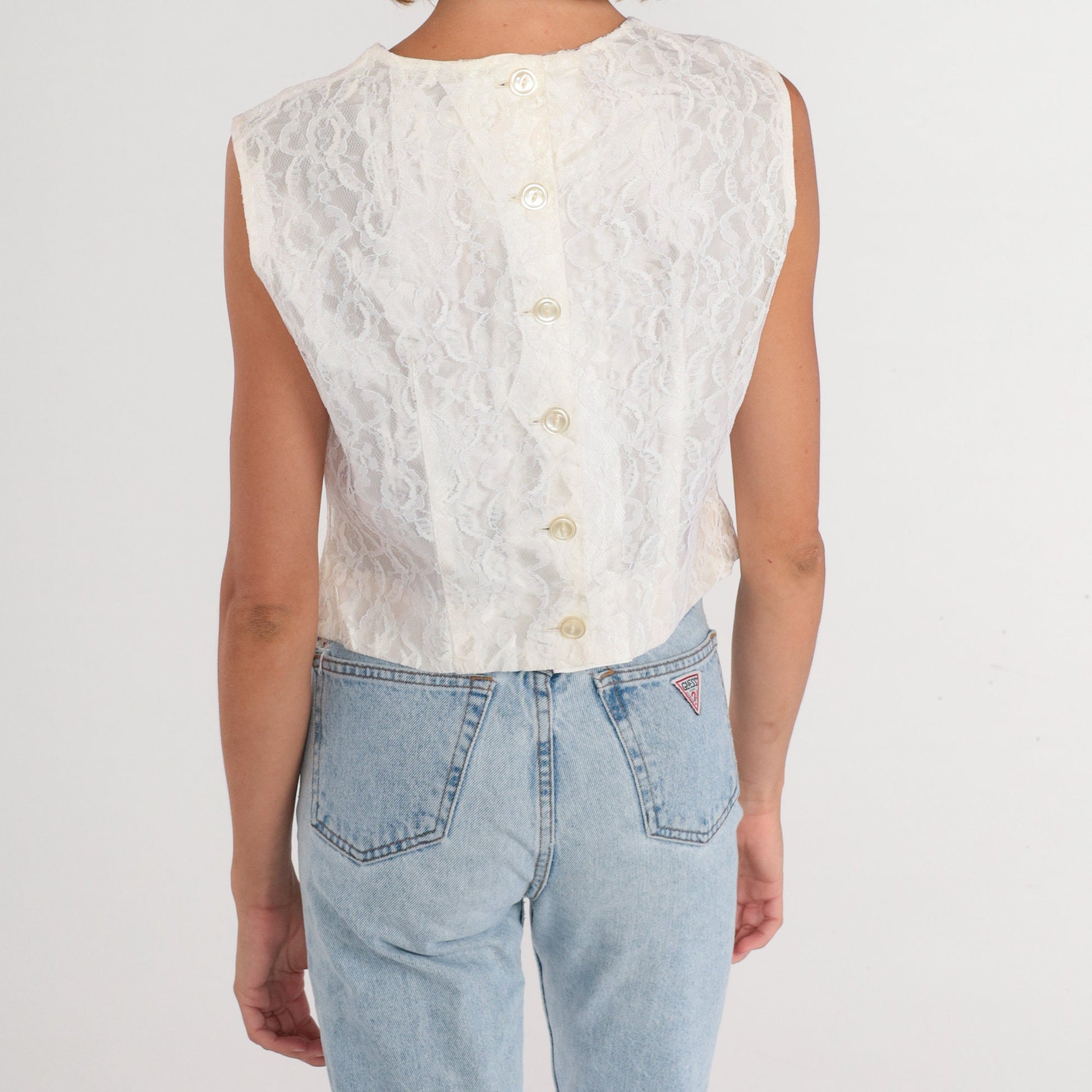 60s White Lace Crop Tank Top Sleeveless Blouse Button Back Medium