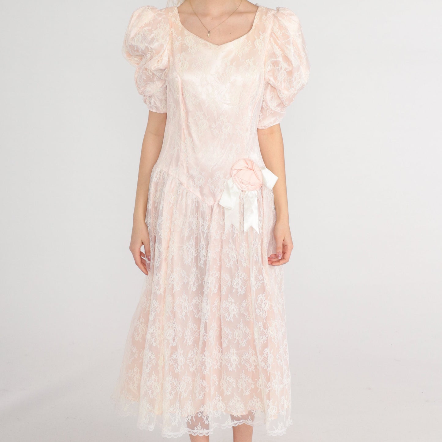 80s Gunne Sax Midi Dress Pink Lace Puff Sleeve Basque Waist Medium