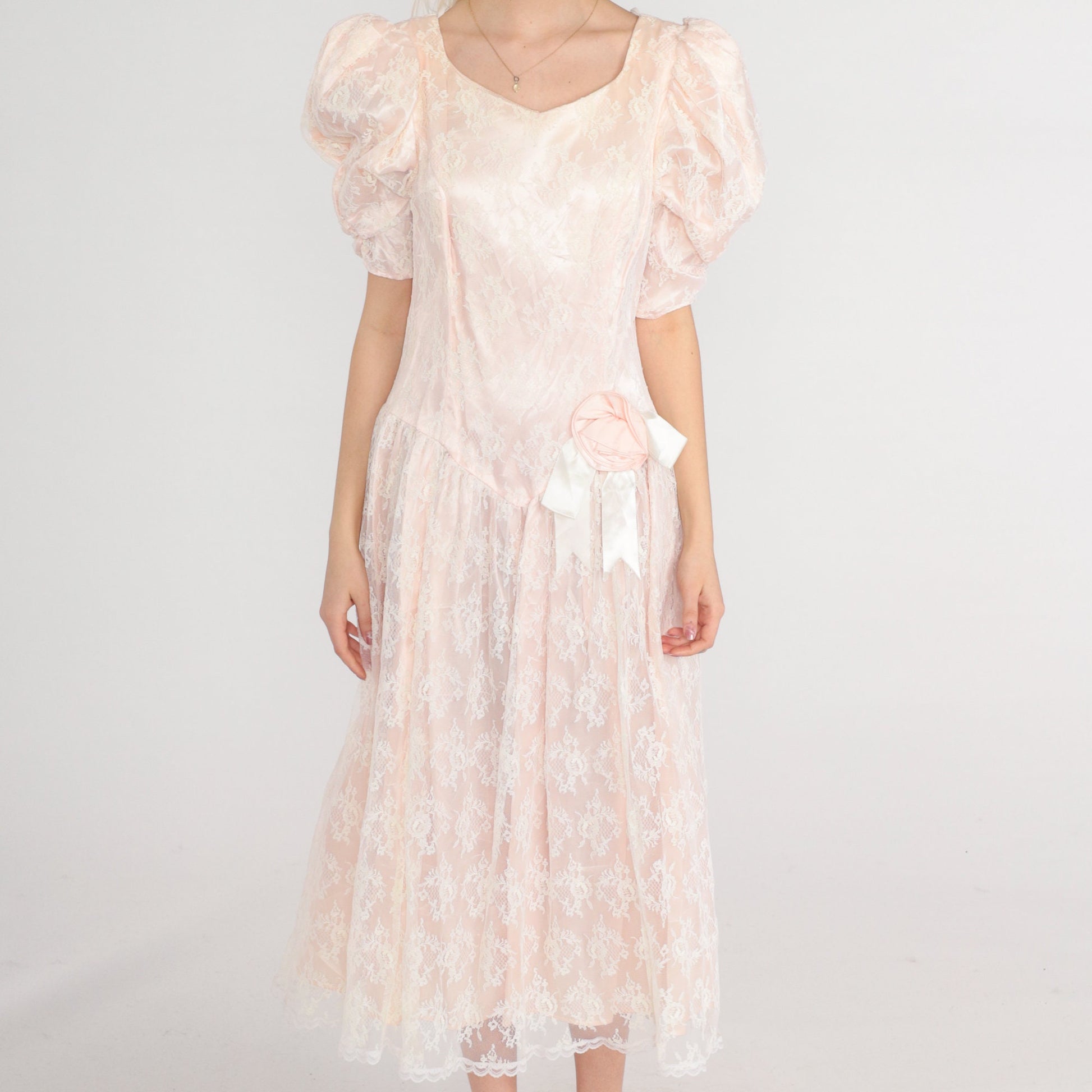80s Gunne Sax Midi Dress Pink Lace Puff Sleeve Basque Waist Medium