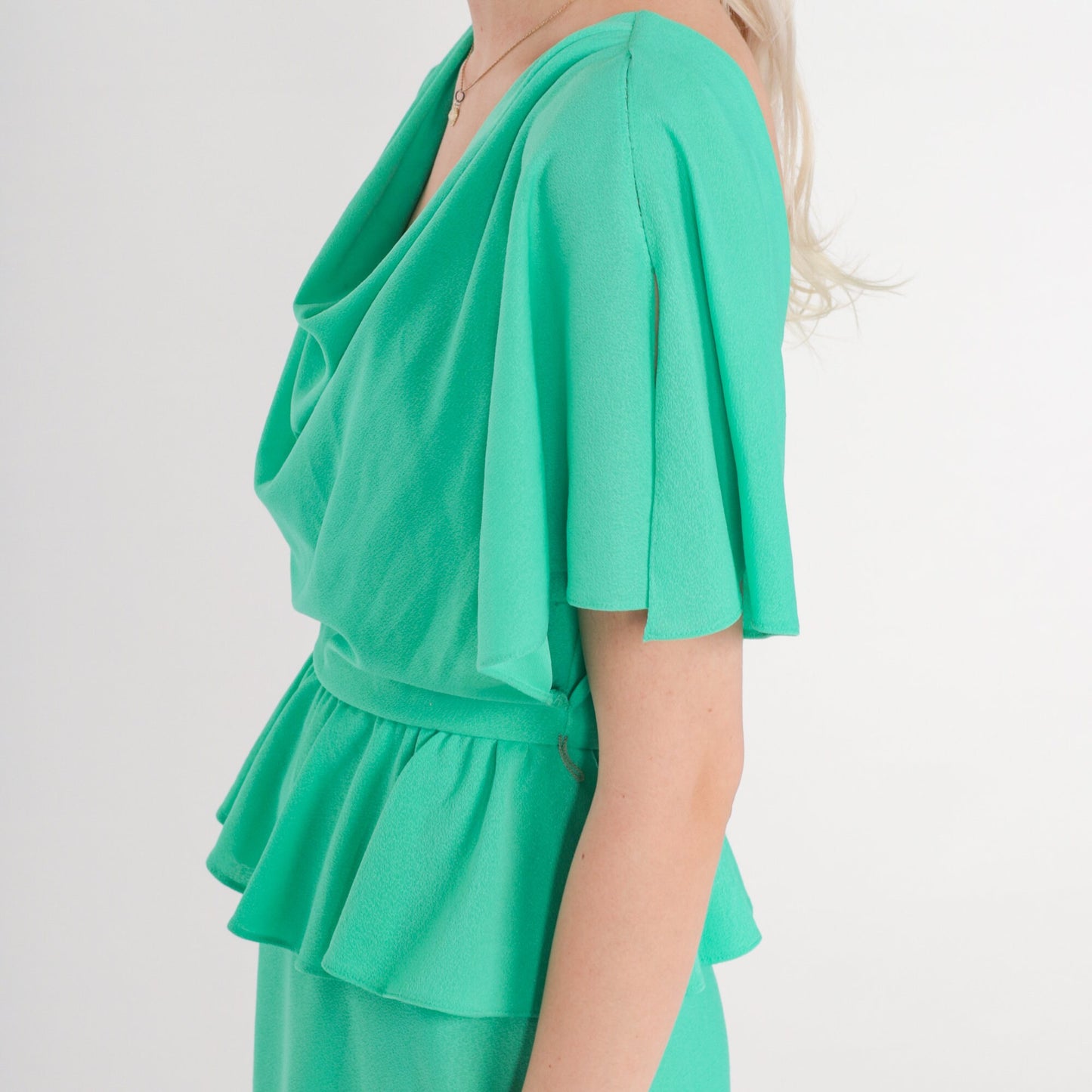 70s Green Flutter Sleeve Dress Cowl Neck Peplum Mini Small