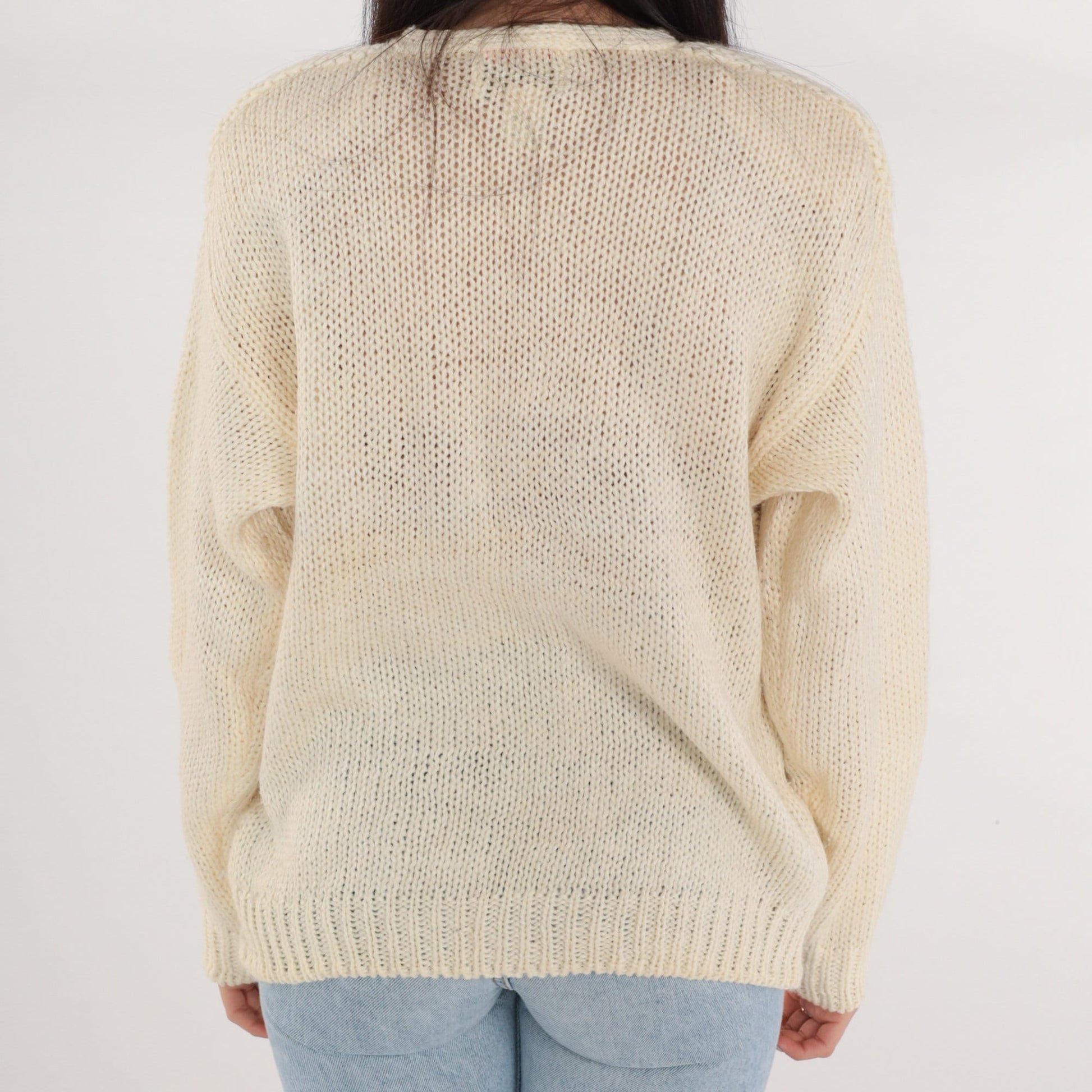 90s Cream Cable Knit Sweater V-Neck Floral Embroidered Pullover Medium