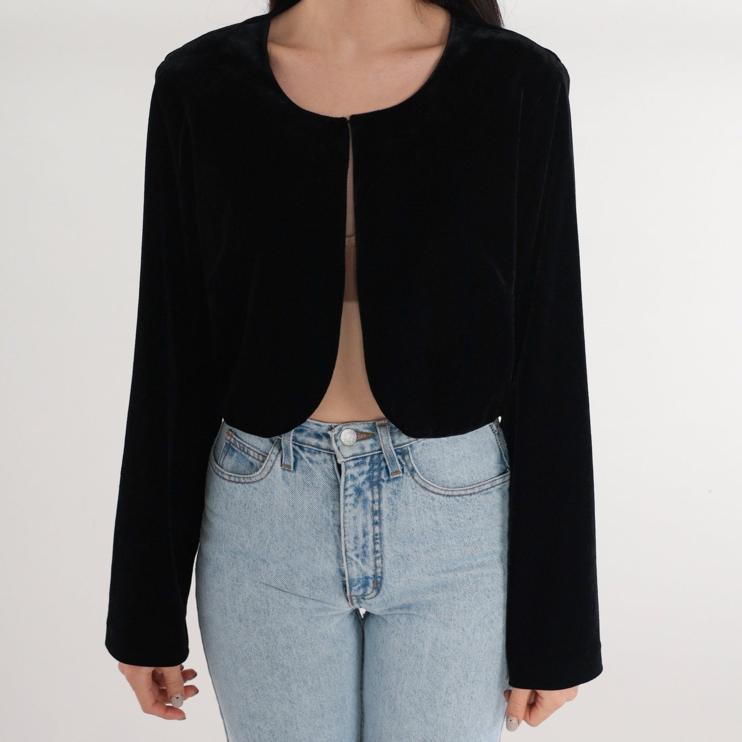 80s Black Velvet Blazer Open Front Single Hook Tailored Small
