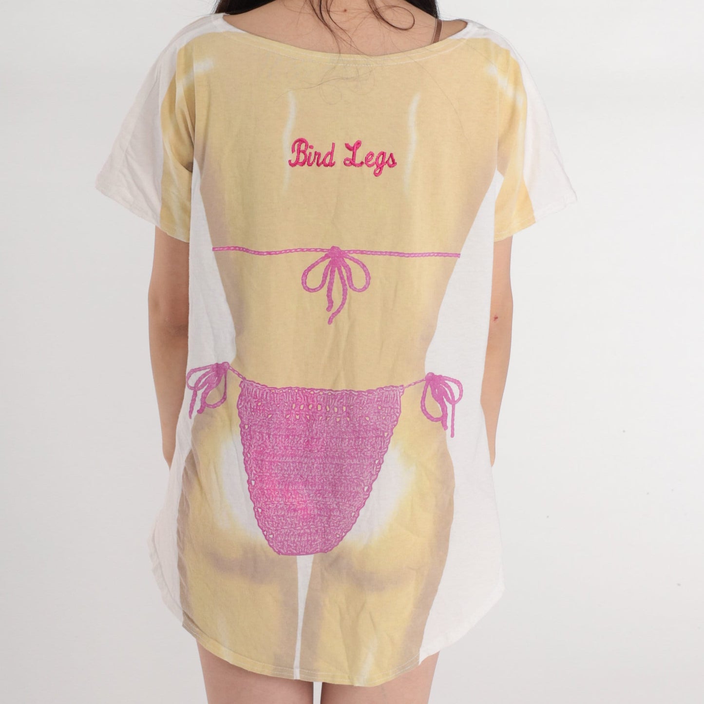 90s Airbrushed Bikini Body Graphic T-Shirt Dress Bird Legs Mini Cotton