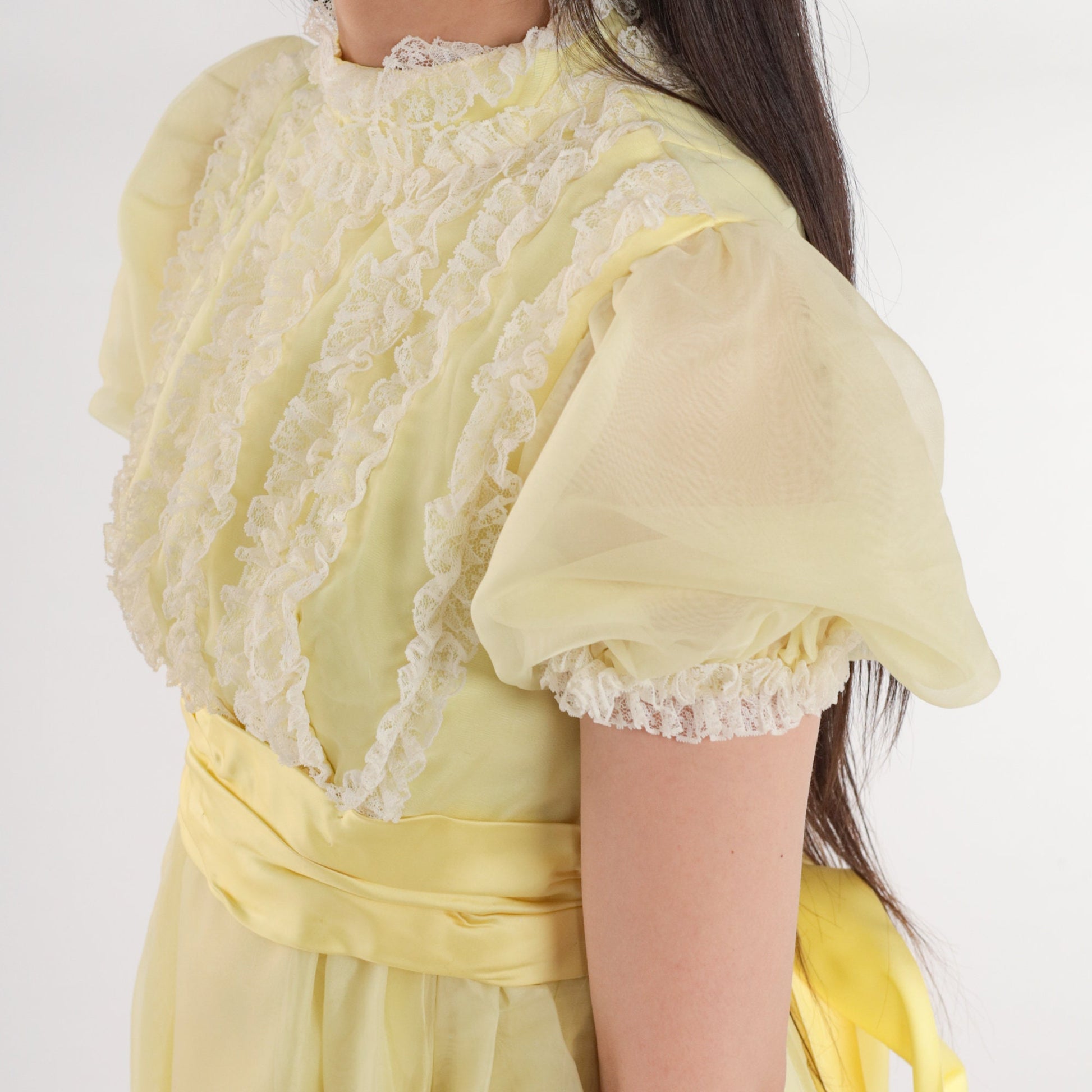 60s Yellow Mini Dress Empire Waist Puff Sleeve Lace Trim XXS