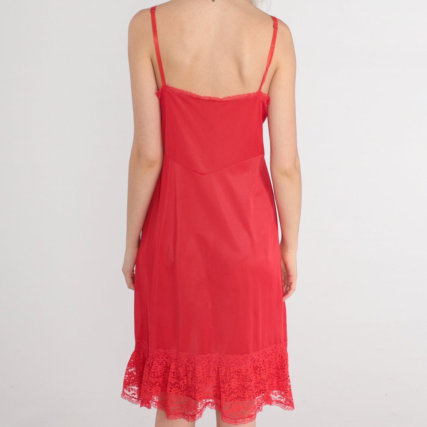 70s Red Slip Dress Floral Lace Empire Waist Spaghetti Strap Knee-Length Medium