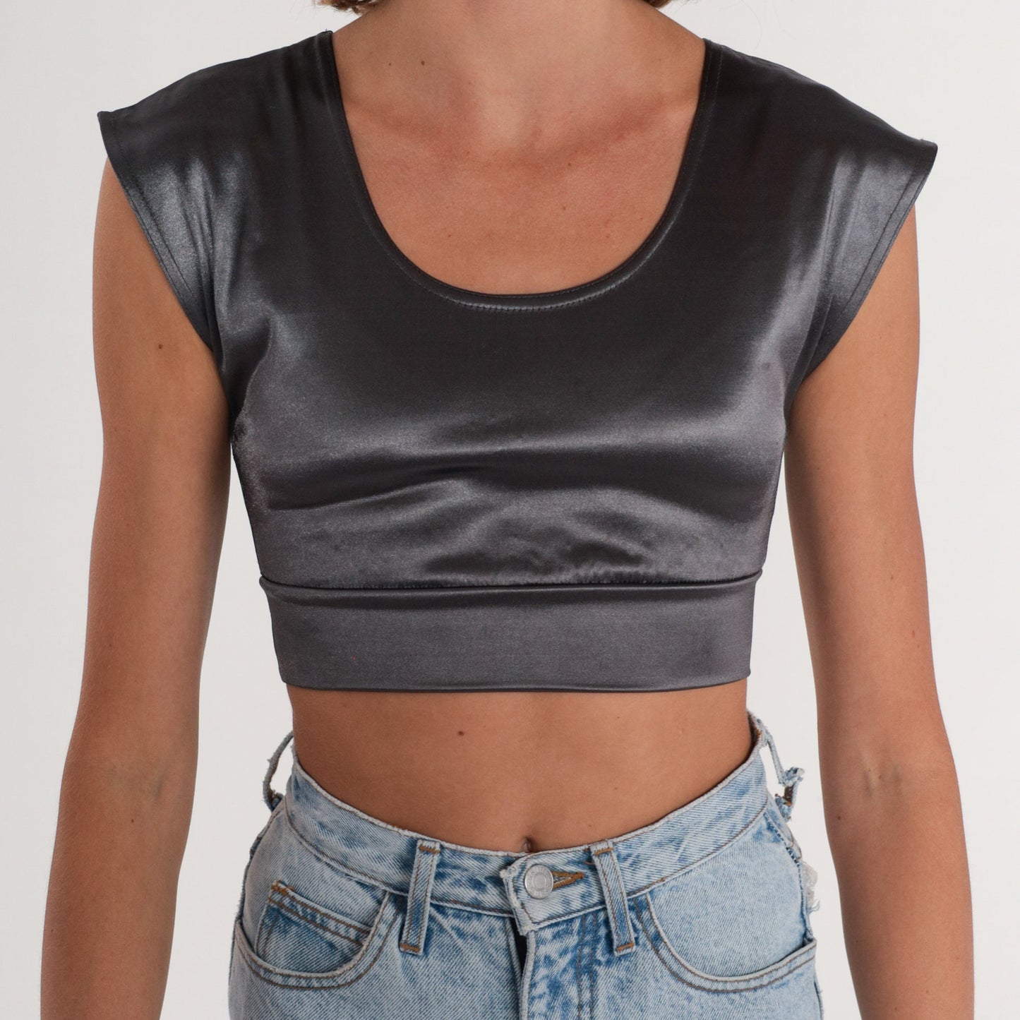 90s Contempo Casual Silver Metallic Crop Top Cap Sleeve Scoop Neck XS