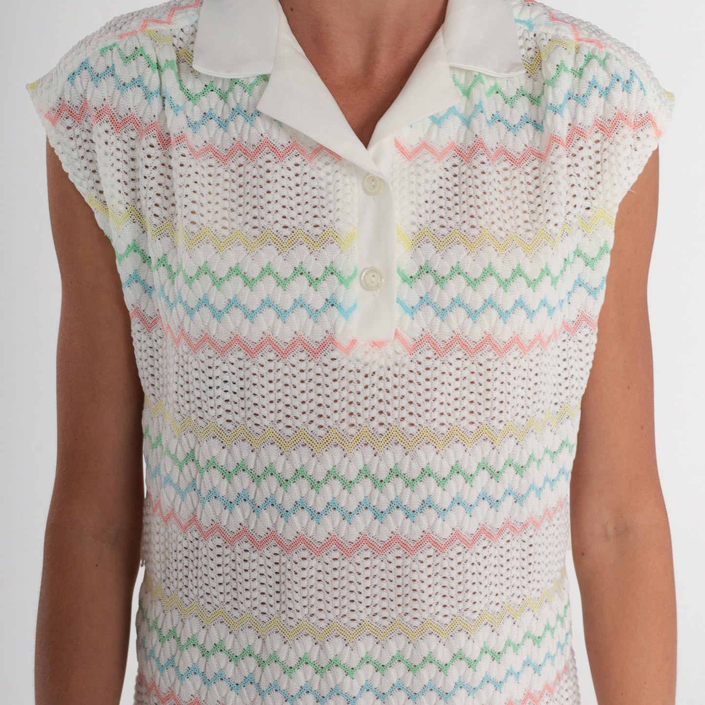 70s White Crochet Midi Dress Pastel Zigzag Striped Collared Cap Sleeve Medium